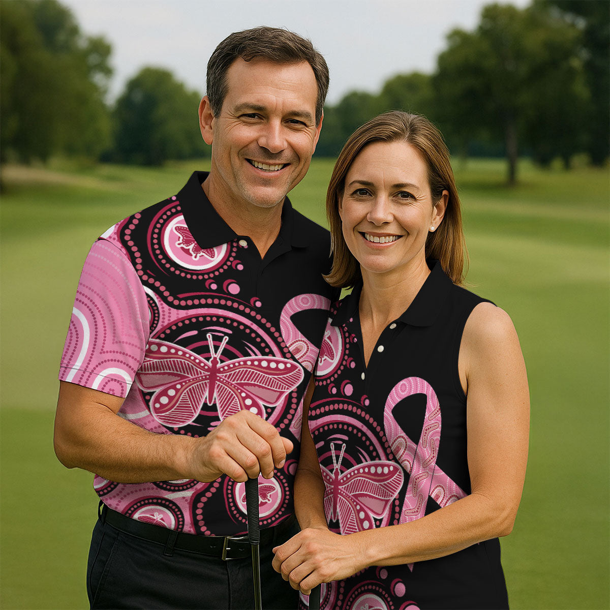 Breast Cancer Pink Butterfly Women Golf Top, Cancer Awareness Shirt, Ladies Golf Shirts
