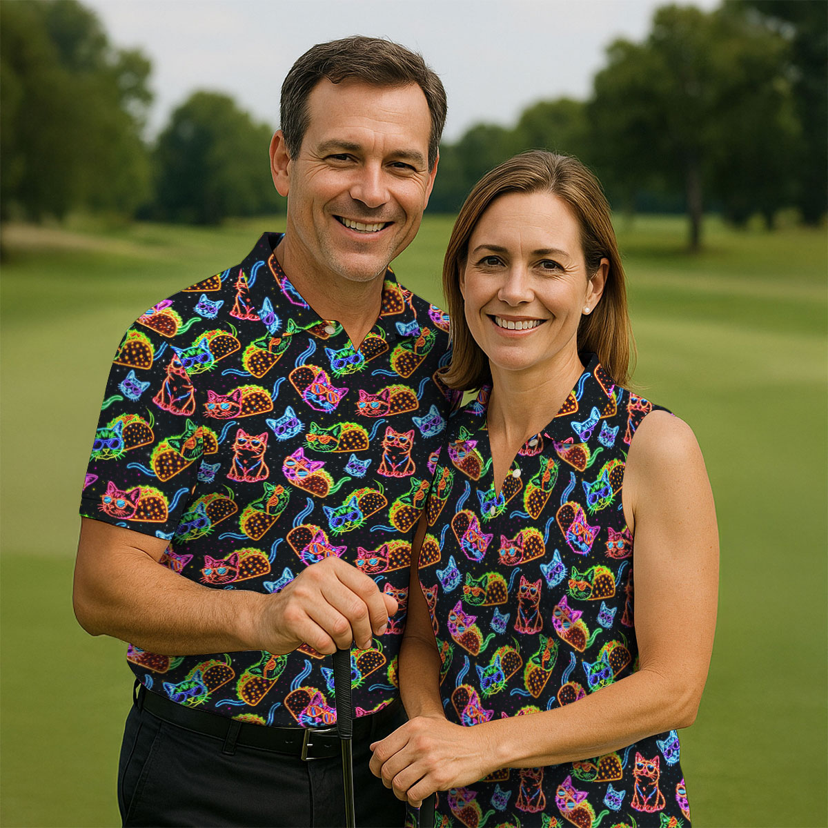 Neon Cats Tropical Vibe Women's Golf Tops, Cute Golf Outfit, Ladies Golf Shirts, Golf Shirt For Women