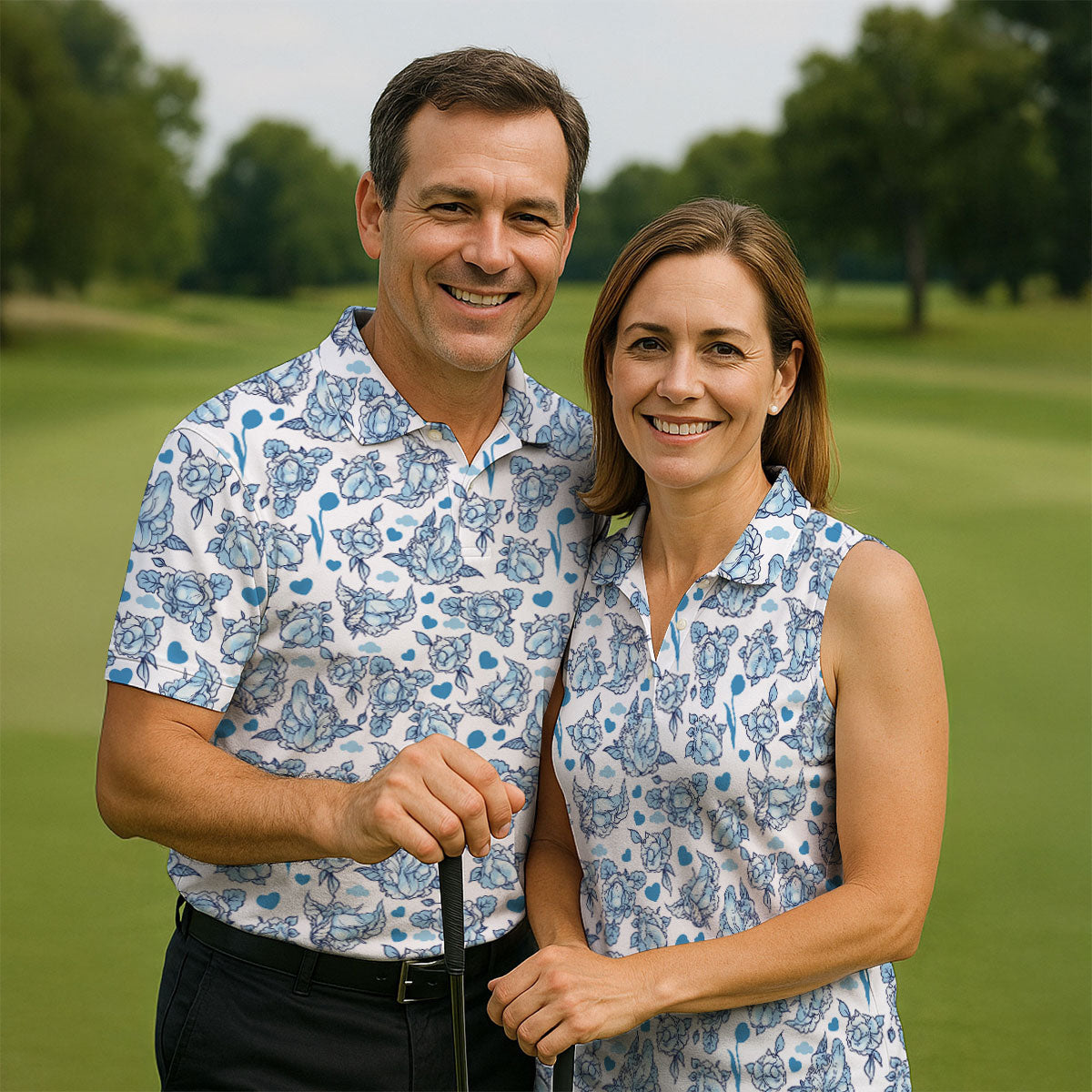 Blue Rose Floral Heart Pattern Golf Shirt, Women's Golf Tops, Golf Polo For Women