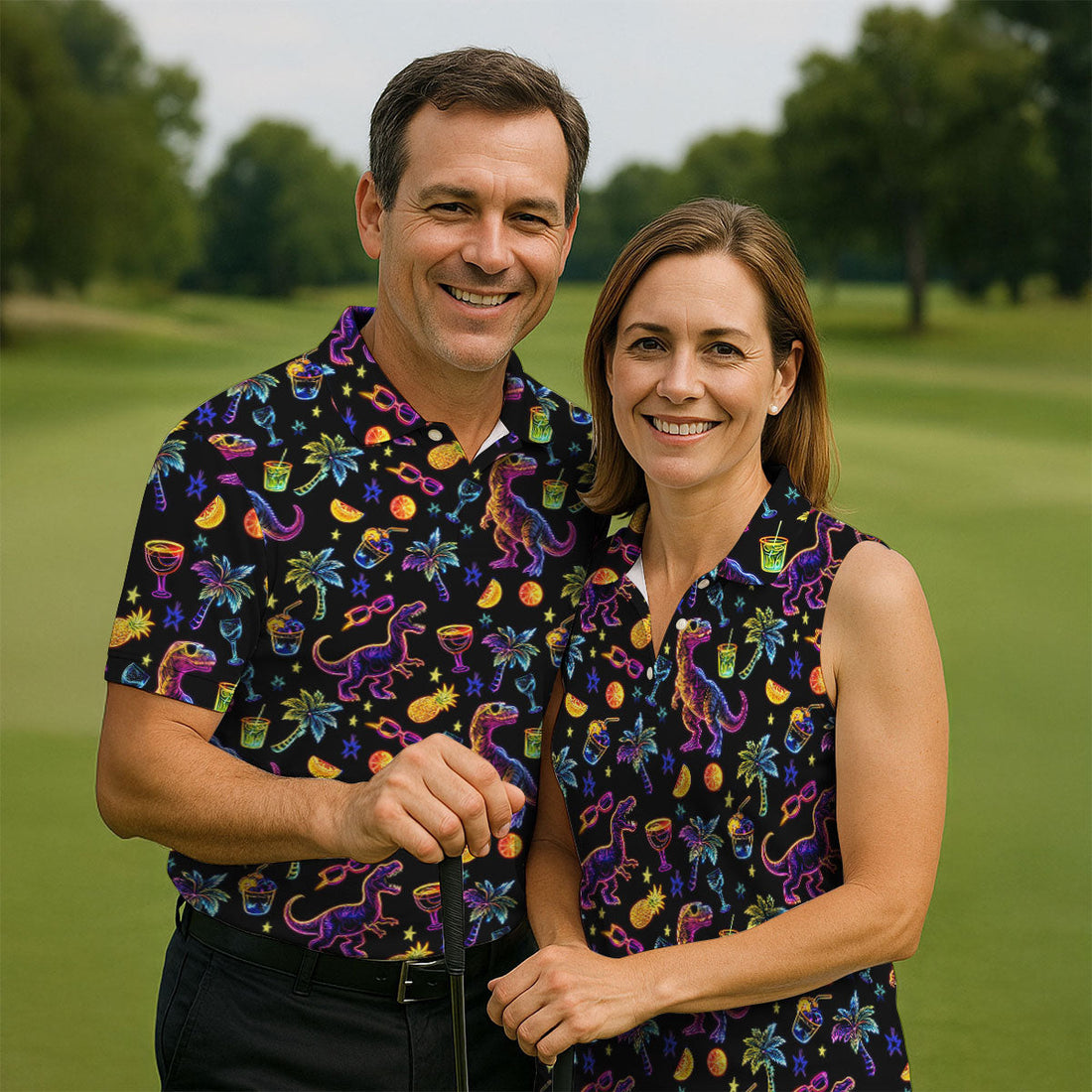 Neon Dinosaur Tropical Theme Hawaiian Golf Shirt, Polo Shirts For Men, Golfing Apparel