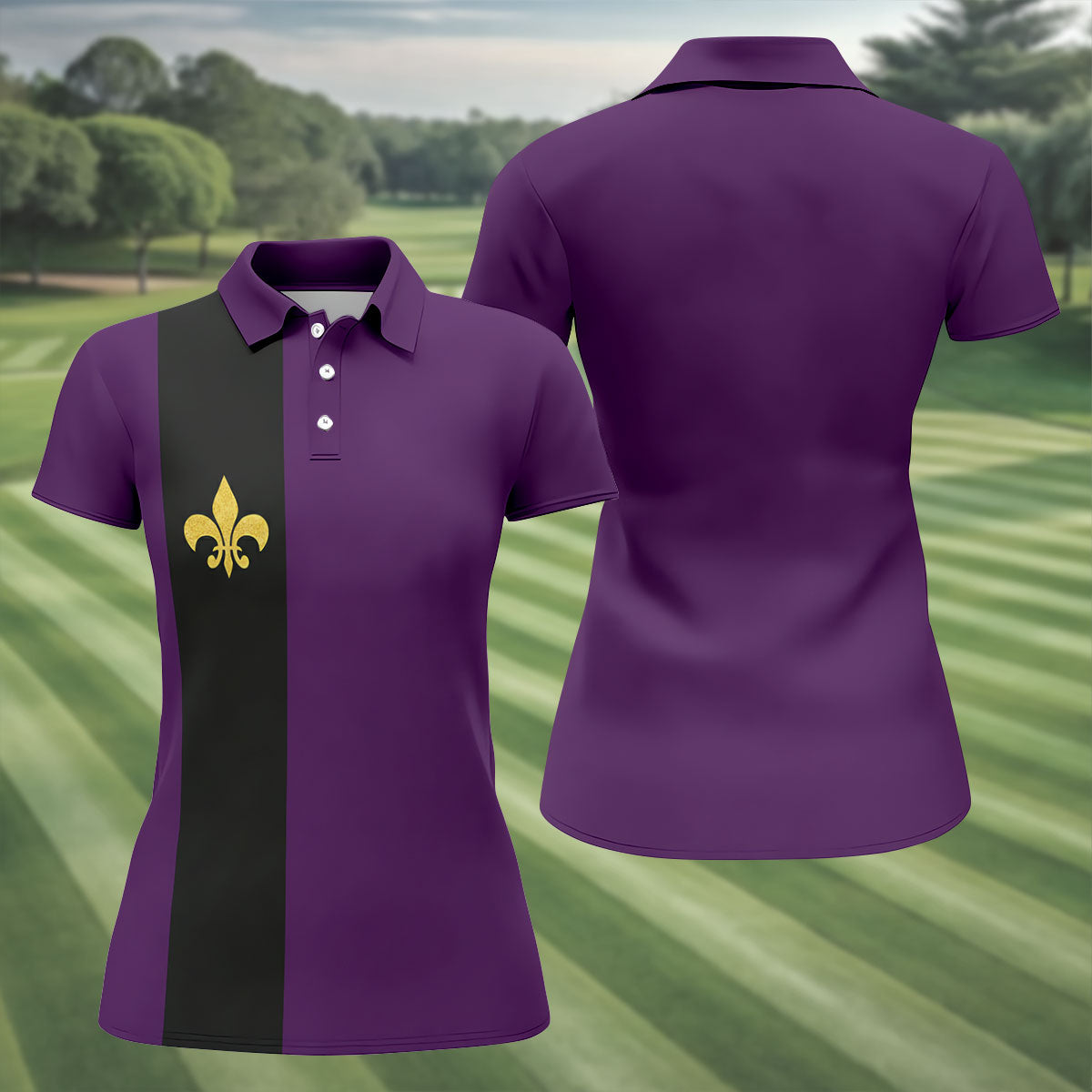 Mardi Gras Fleur De Lis Black Vertical Stripe Purple Golf Shirt, Women's Golf Tops, Ladies Golf Polos