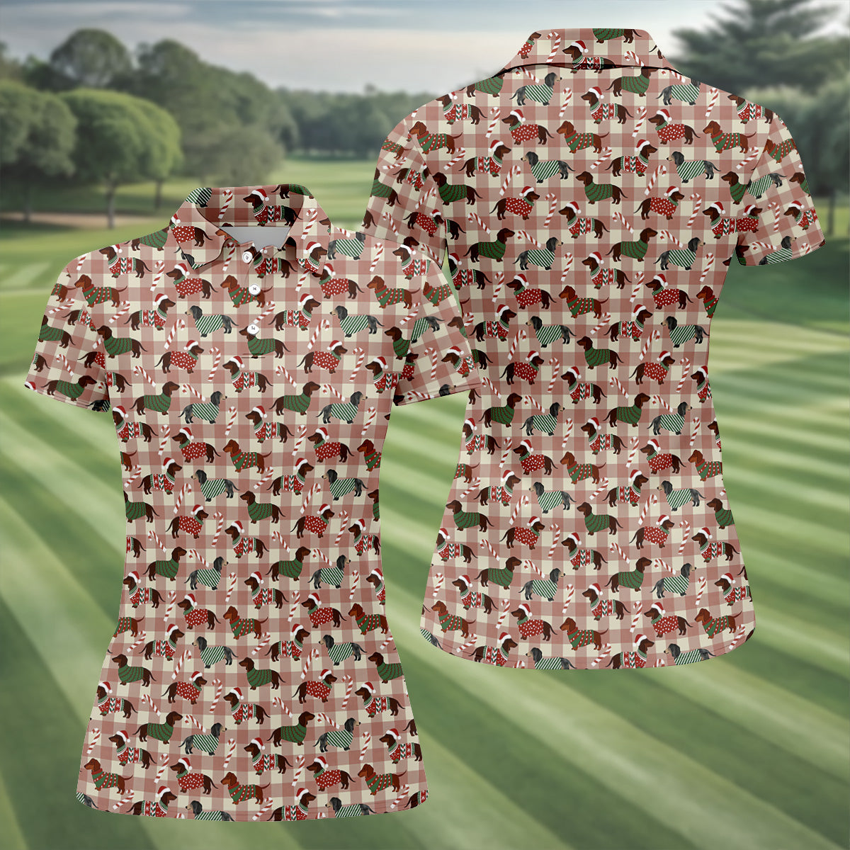 Christmas Dachshund Pink Checkered Women's Golf Tops, Christmas Golf Shirt, Ladies Golf Polos