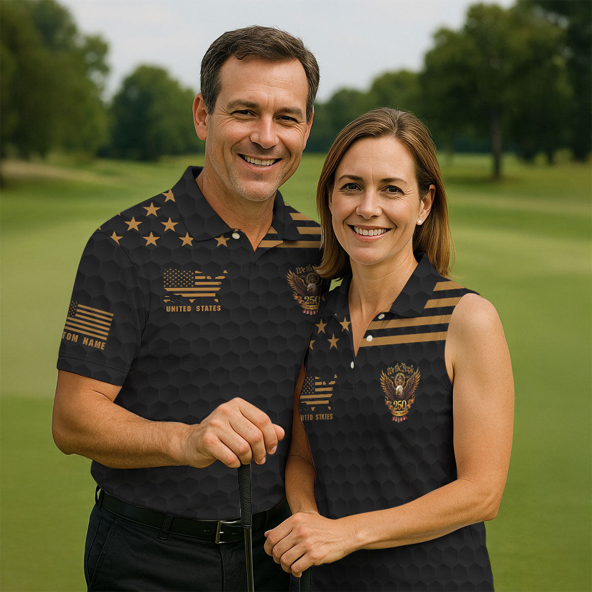 We The People 250 Years Golf Ball Pattern Black Golf Shirt, 4th Of July Patriotic Golf Shirt For Women