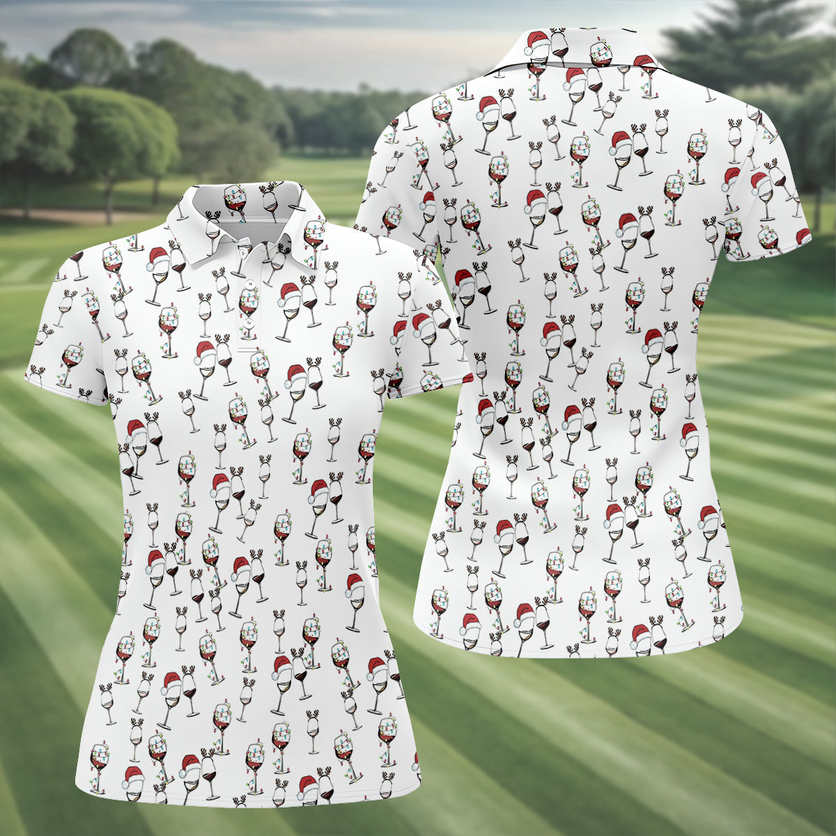 Wine Glass Christmas Lighting Women's Golf Tops, Christmas Golf Shirt, Ladies Golf Polos