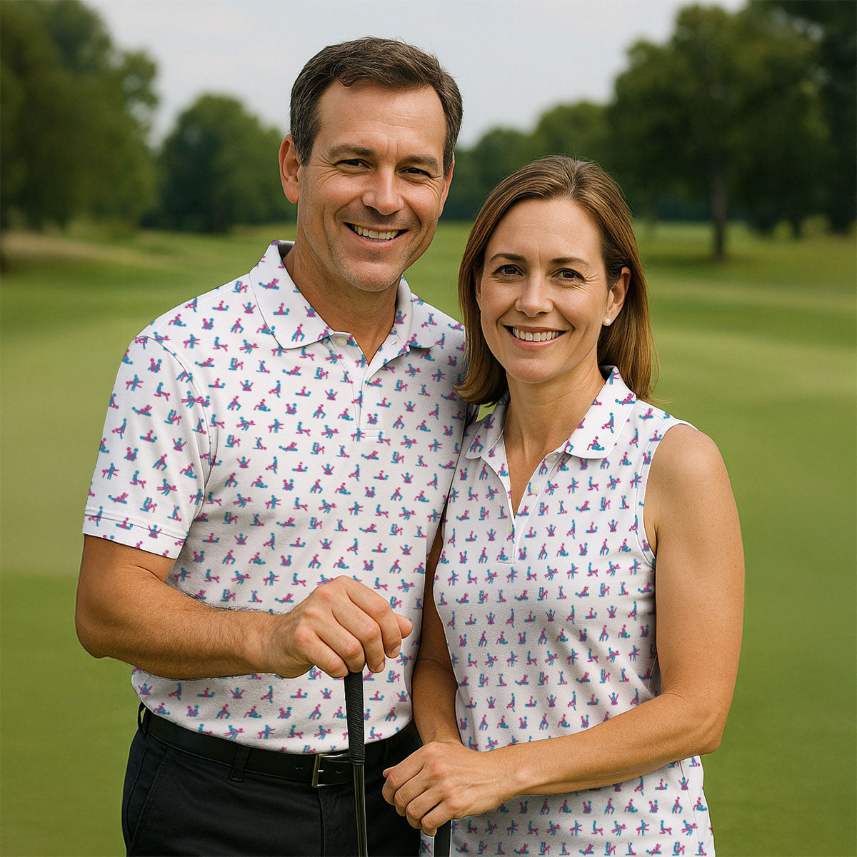 Blue And Pink Naughty Stick People White Golf Shirt, Ladies Golf Polos, Golf Gifts For Women