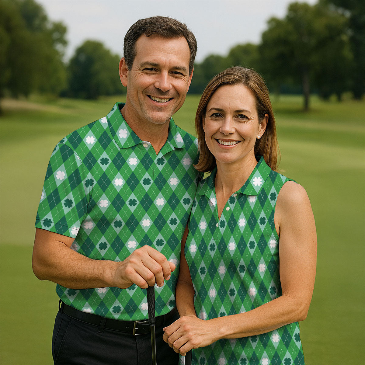 Green And White Lucky Four Leaf Clover Argyle Pattern St Patrick's Day Golf Shirt, Women's Golf Tops