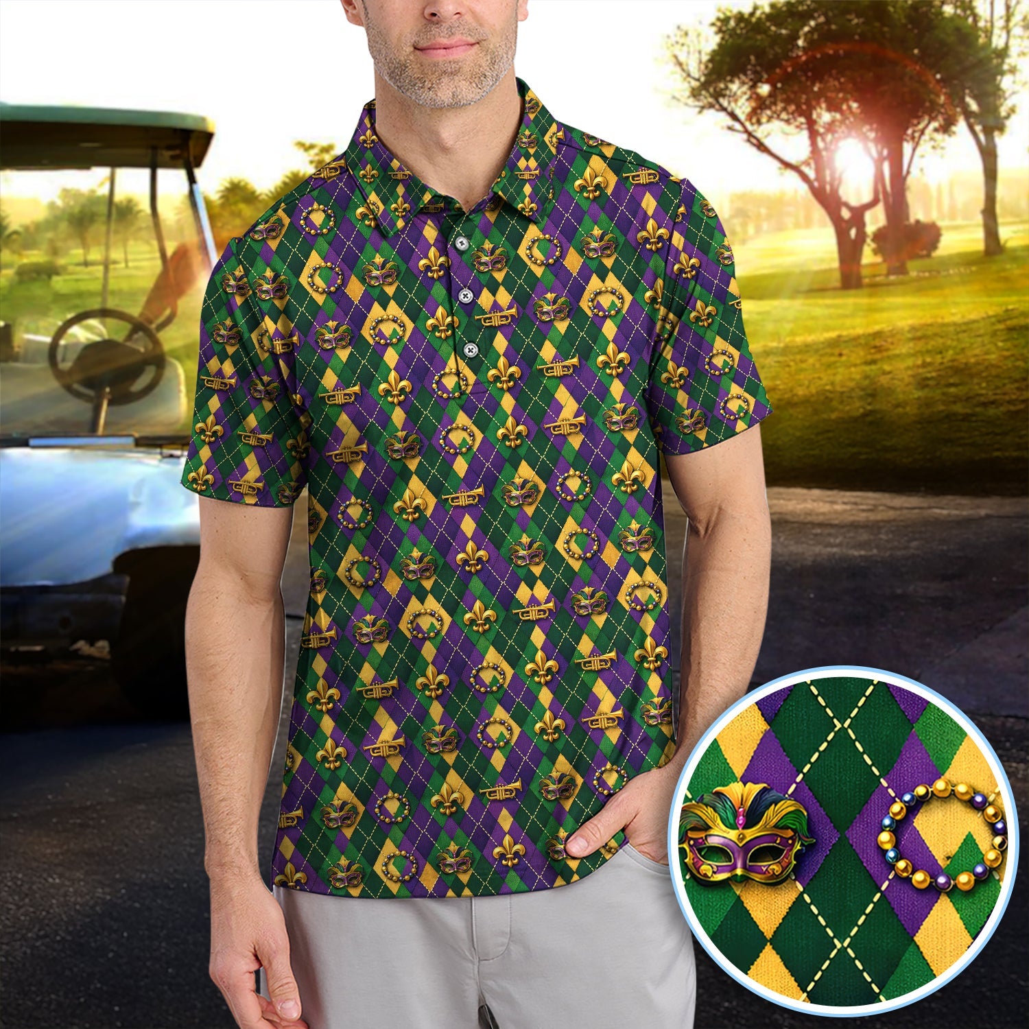 Mardi Gras Argyle Golf Polos, Carnival Pattern Golf Shirt For Golfer, Golf Gift For Men