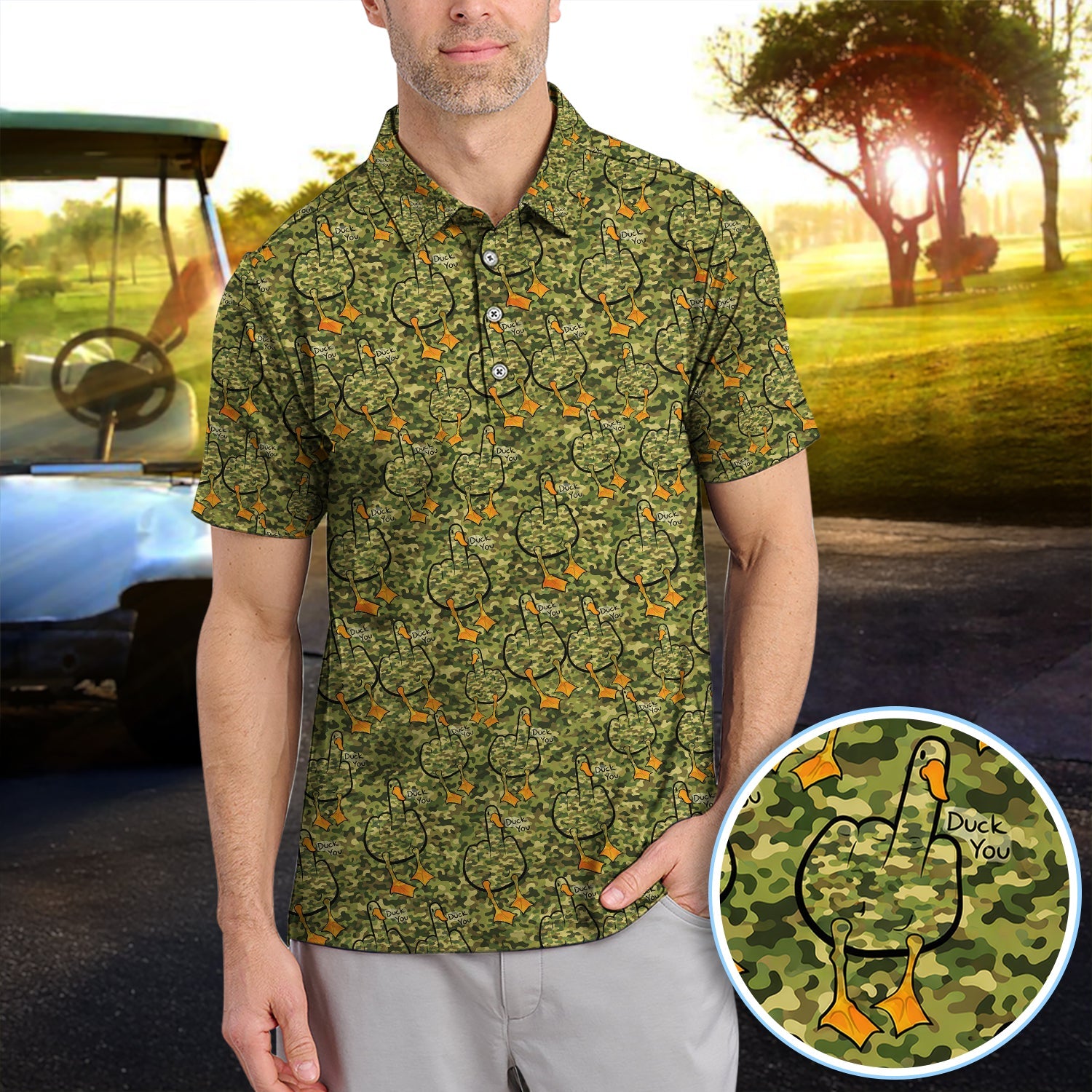Funny Duck Pattern Golf Polos, Camo Golf Shirt For Golfer, Golf Gift For Men