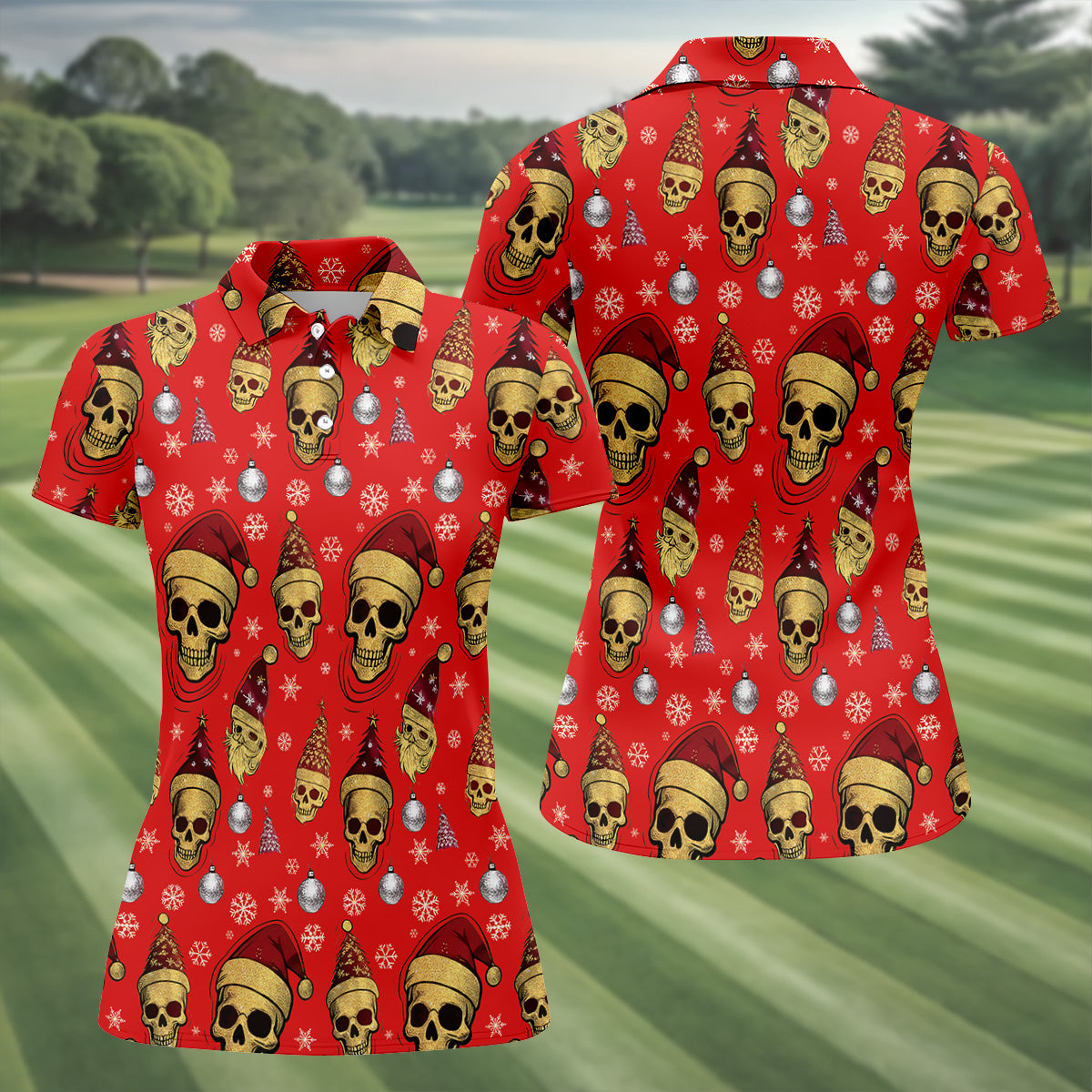 Vintage Skull Christmas Golf Shirt, Red Golf Shirt, Women's Golf Tops, Cool Golf Gift, Ladies Golf Shirts