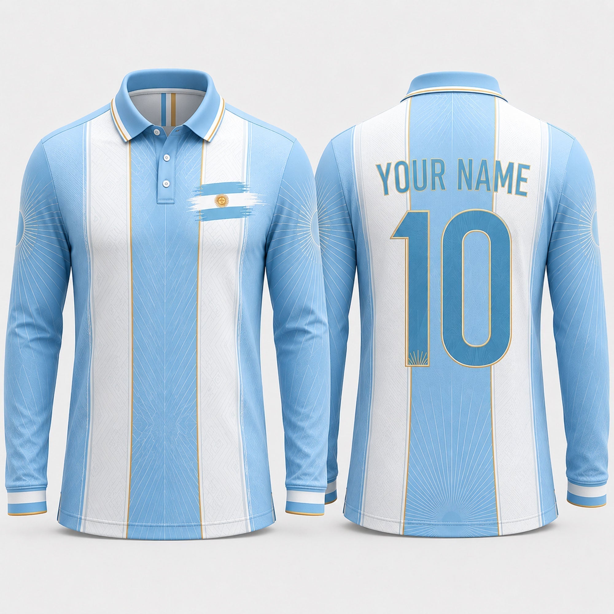 Argentinian Flag Sun Fooball Shirt, White Blue Stripes V-Neck For Men, Football Gifts