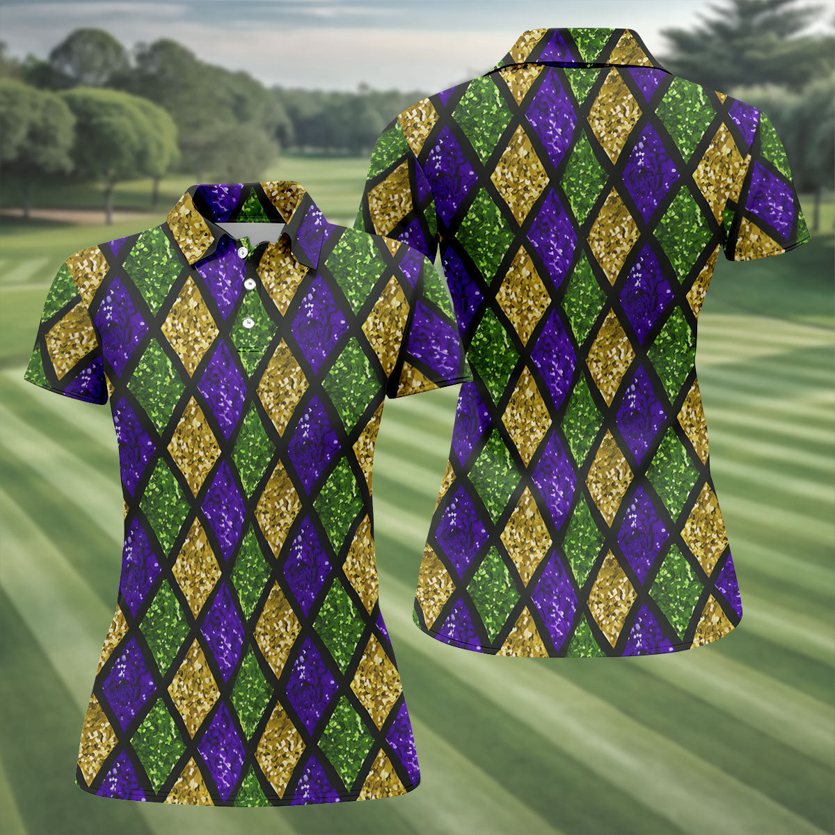 Green Purple Gold Argyle Pattern Sparkling Effect Mardi Gras Golf Shirt, Women's Golf Tops, Ladies Golf Shirts