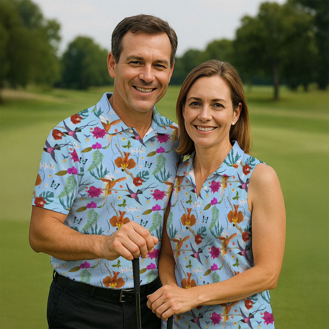 Hummingbird Paradise Golf Shirt, Tropical Flower Garden Pattern, Golf Shirt For Men