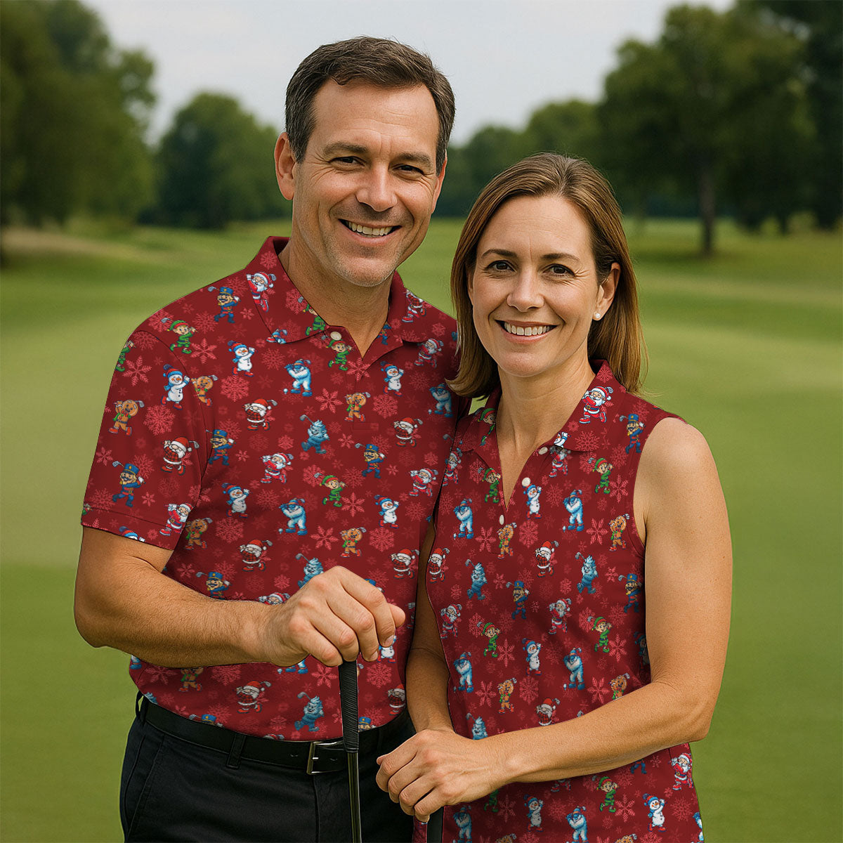 Funny Christmas Characters Golf Pose Red Golf Shirt, Christmas Golf Shirt, Ladies Golf Shirts, Women's Polo Shirt