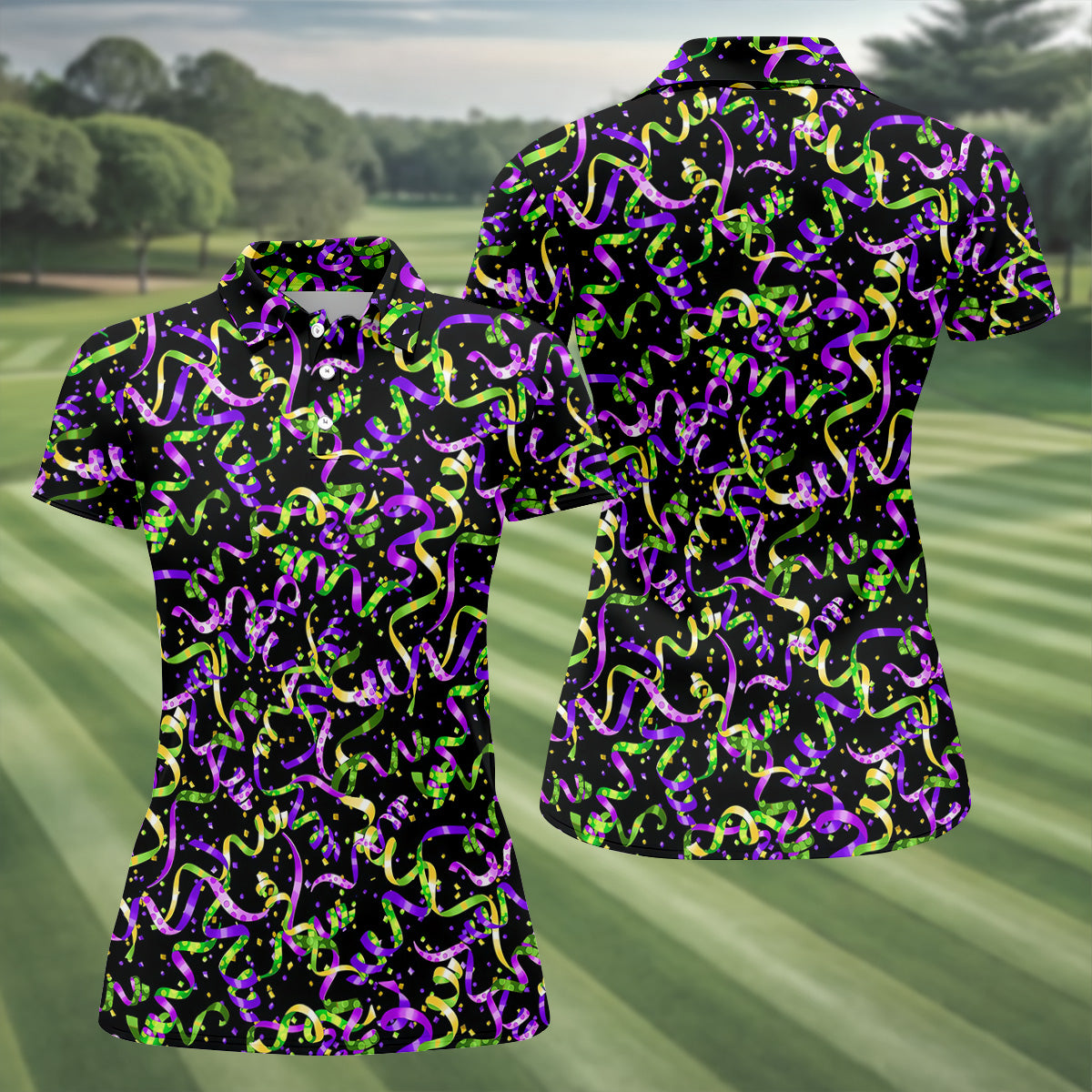 Mardi Gras Carnival Purple Green Gold Women Golf Top, Festive Ladies Golf Tops, Ladies Golf Shirts
