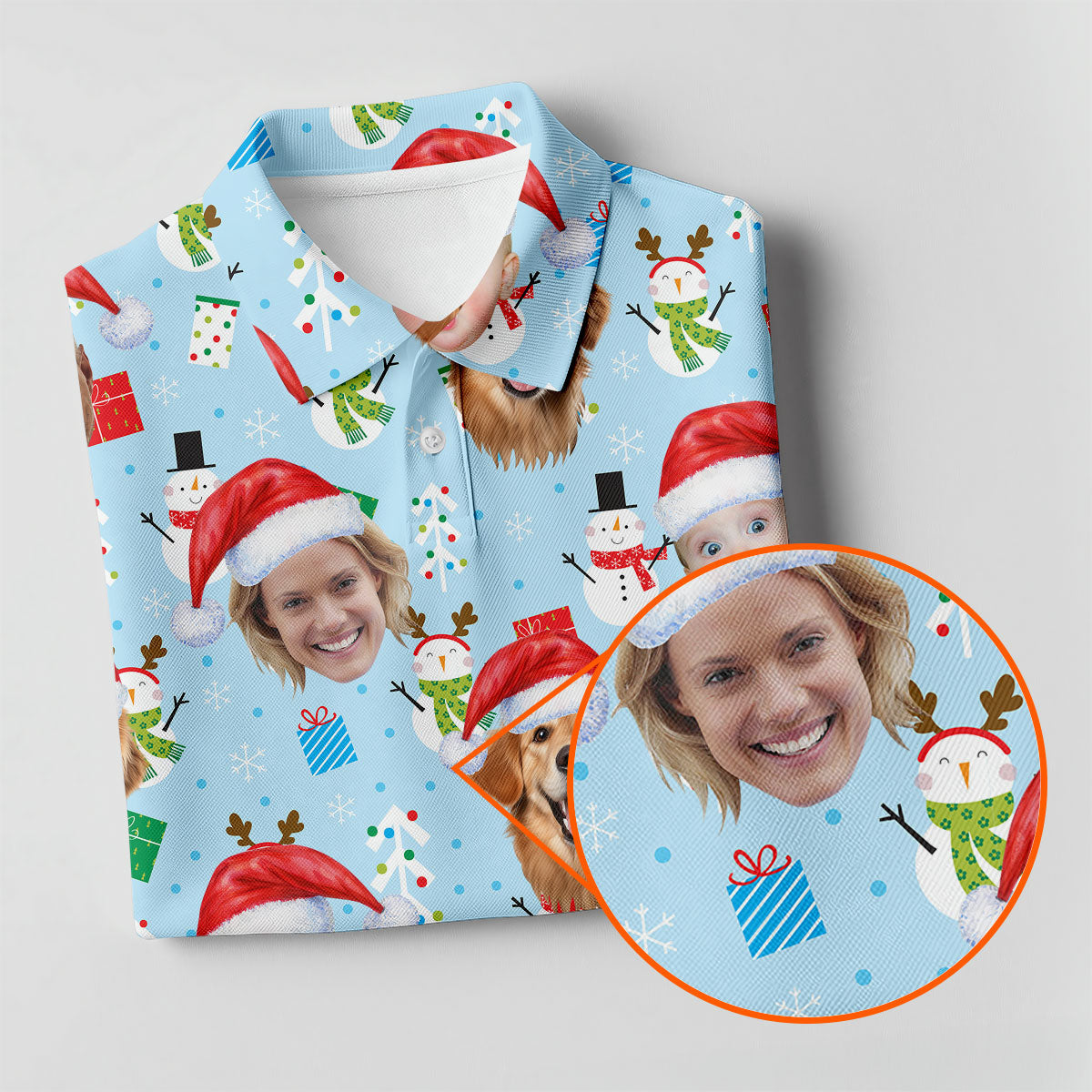 Custom Face Cute Snowman Pastel Blue Christmas Golf Shirt, Women's Golf Tops, Ladies Golf Shirts