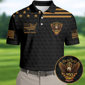 Personalized We The People 250 Years Golf Polo Shirt Men - 4th of July Patriotic Black Gold Custom Name Golf Shirt