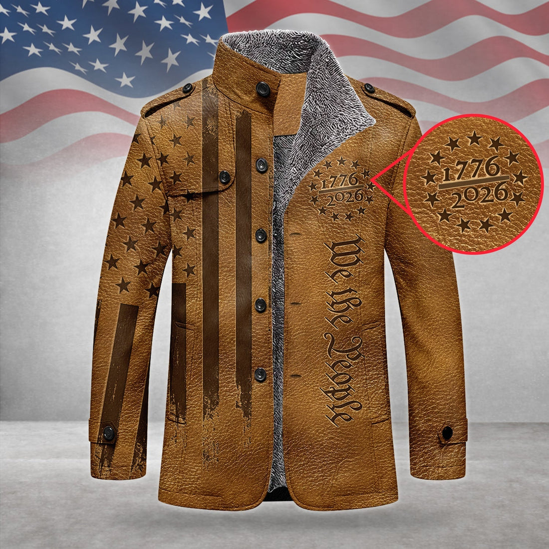 We The People 250 Years Distressed Flag Men's Cold Premium Weather Jacket, Leather Trench Coat