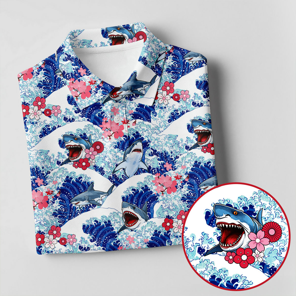 Japanese Shark Wave Sakura Golf Shirt, Mens Golf Polo, Printed Golf Shirts, Golf Apparel For Men