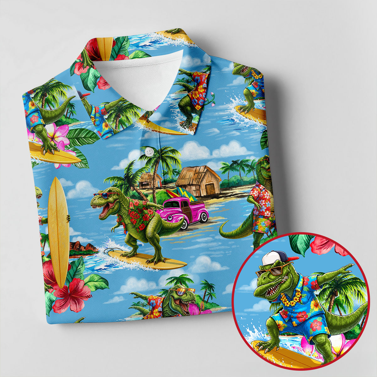Hawaiian T Rex Surfboard Beach Hawaiian Golf Shirt, Golf Polo For Women, Printed Golf Shirt