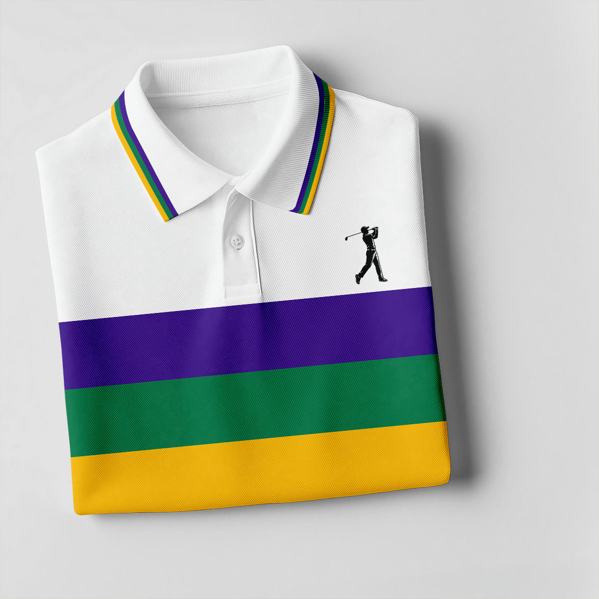 Mardi Gras Purple Green Gold Horizontal Stripes White Golf Shirt, Women's Golf Shirts, Ladies Golf Polos