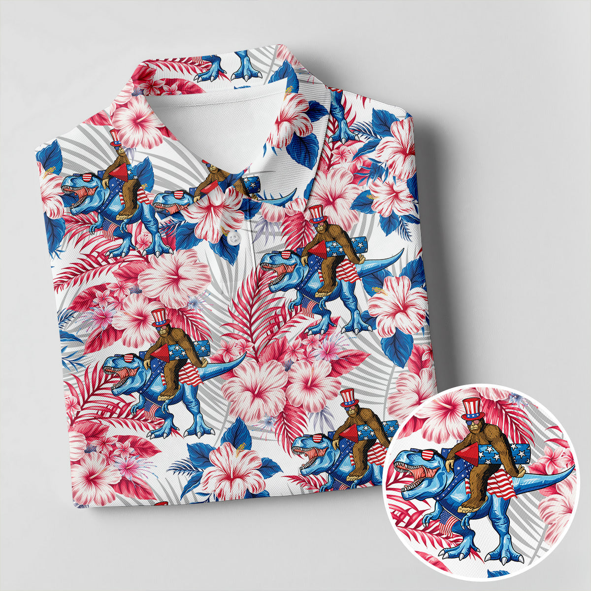 Patriotic T-Rex Bigfoot Hawaiian Floral Golf Shirt, 250 Years 4th Of July Golf Shirts For Men