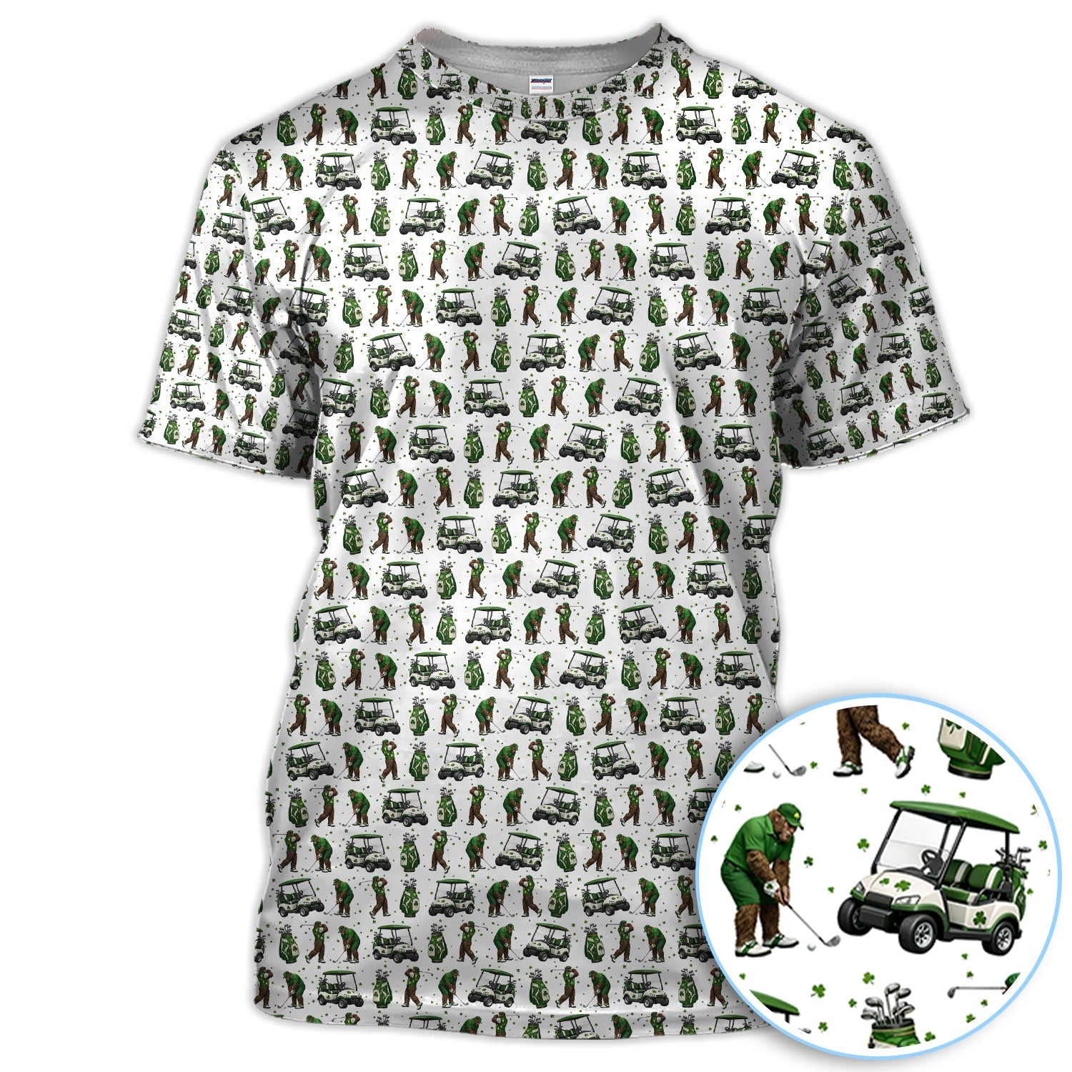 Bigfoot Golf St. Patrick’s Day Pattern Golf Polos, Sasquatch Golf Shirt For Golfer, Crazy Men's Golf Gift
