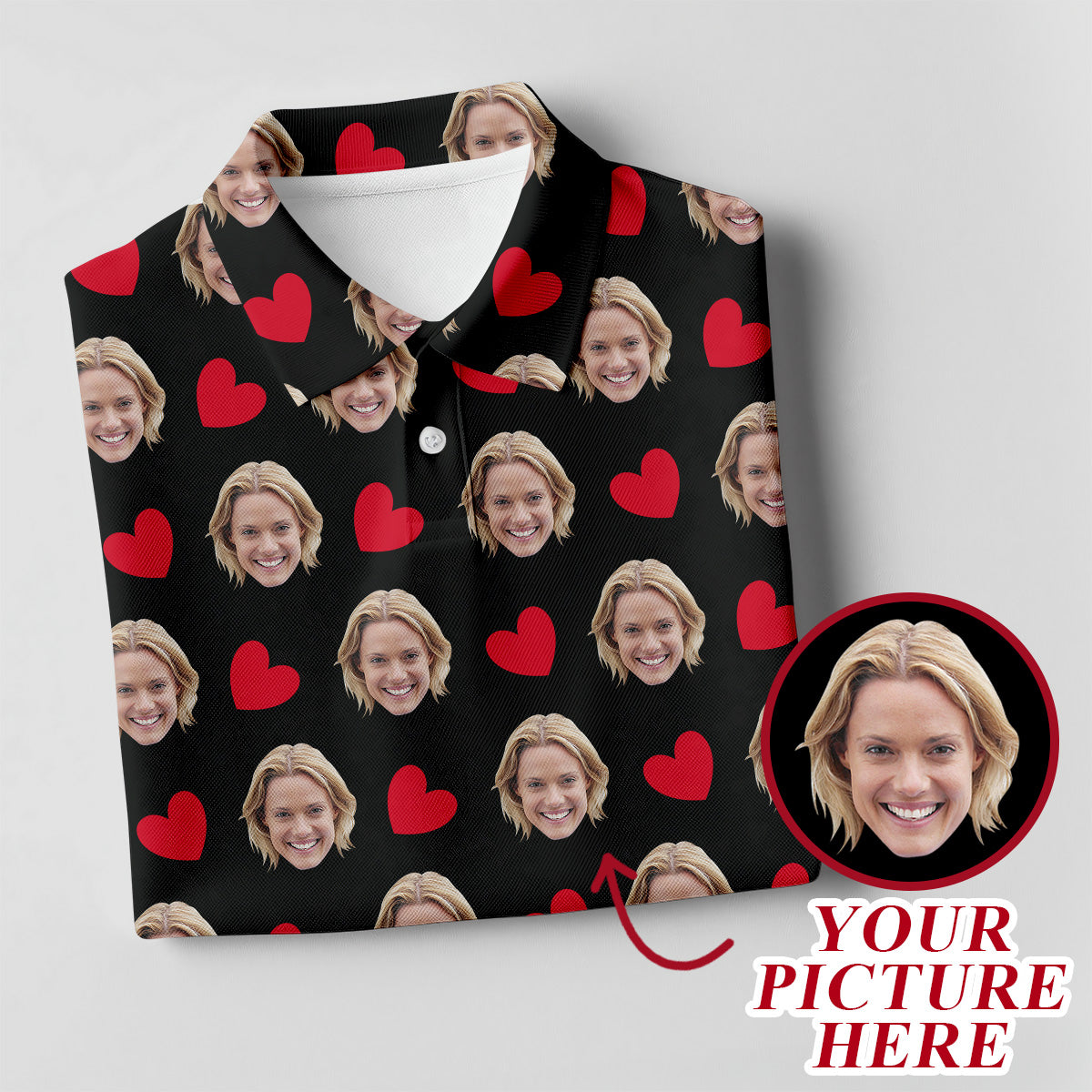 Custom Face Red Heart Pattern Black Golf Shirt, Cute Golf Outfit, Ladies Golf Shirts, Golf Gifts For Women