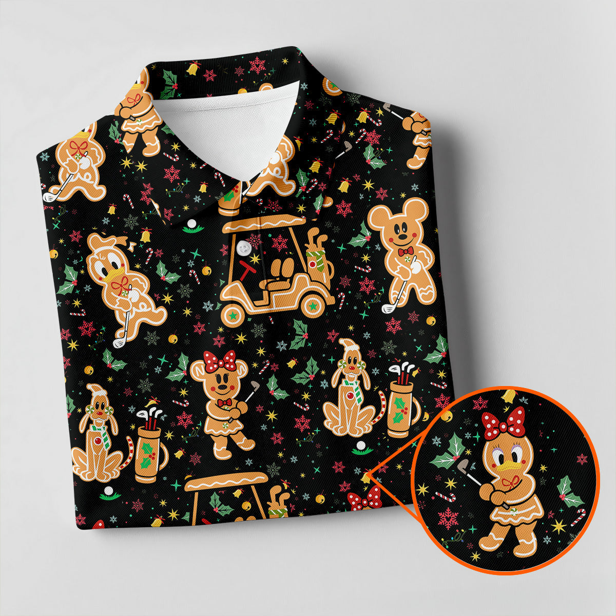 Cartoon Gingerbread Black Golf Shirt, Christmas Golf Shirt, Ladies Golf Shirts, Women's Polo Shirt