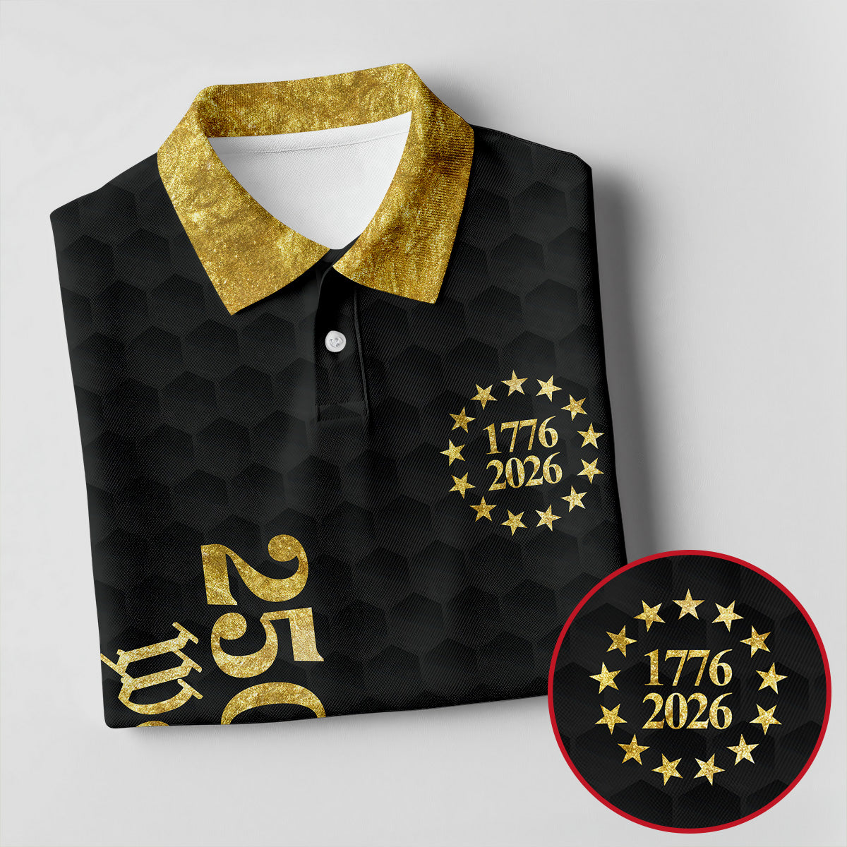 We The People 250 Years Gold Textured Patriotic Golf Shirt, 4th Of July Golf Shirts For Men