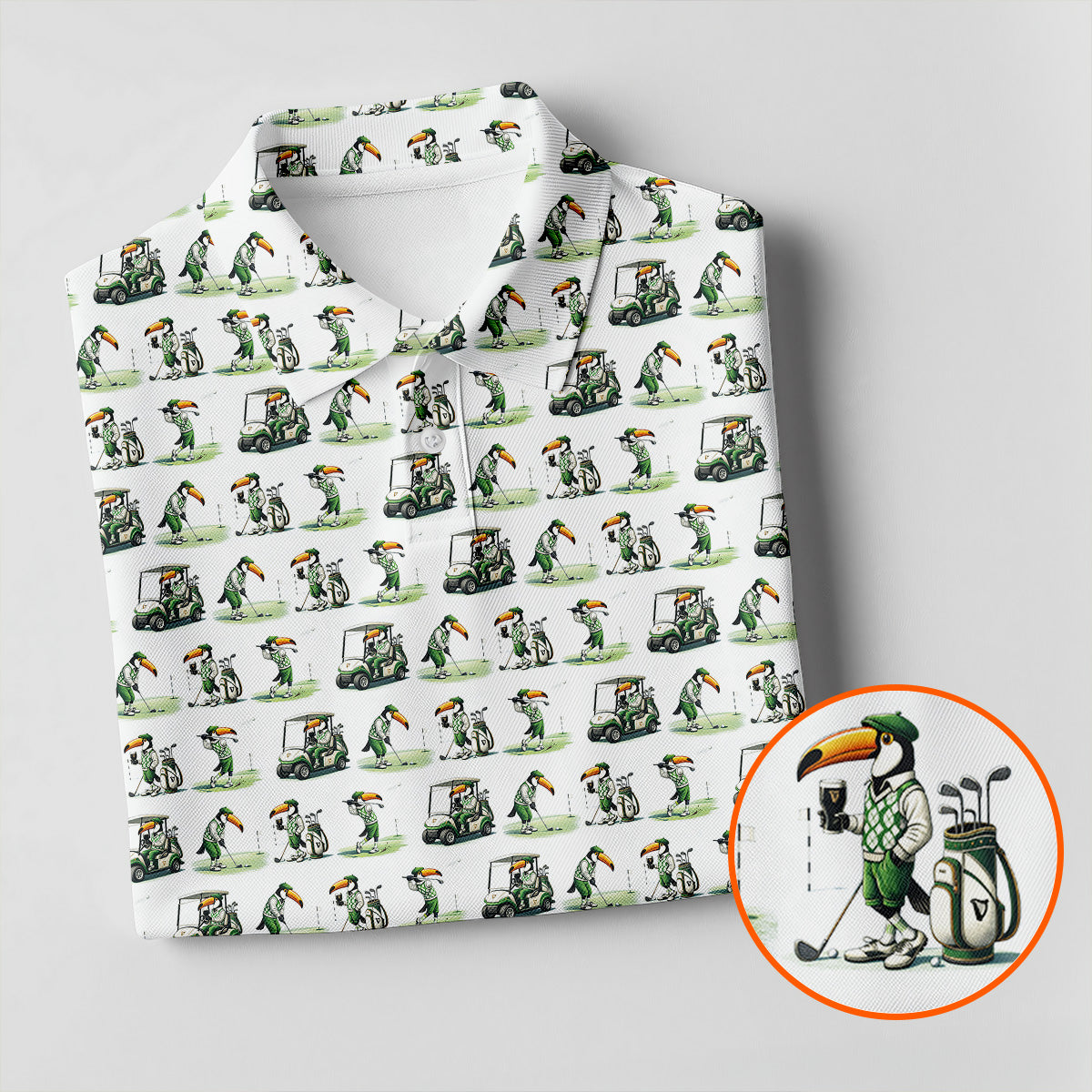 Funny Toucan Golf Pose White And Green Ladies Golf Tops, Fun Women's Golf Shirts, Golf Shirt For Women