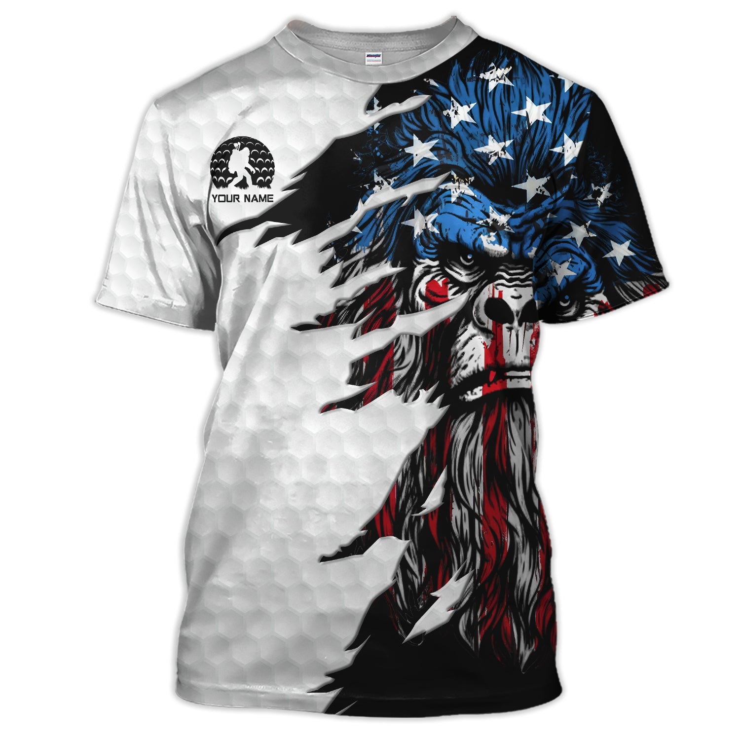 Personalized Patriotic Bigfoot Polos, Custom Name American Flag Bigfoot Golf Shirt, Golf Gift For Golfer