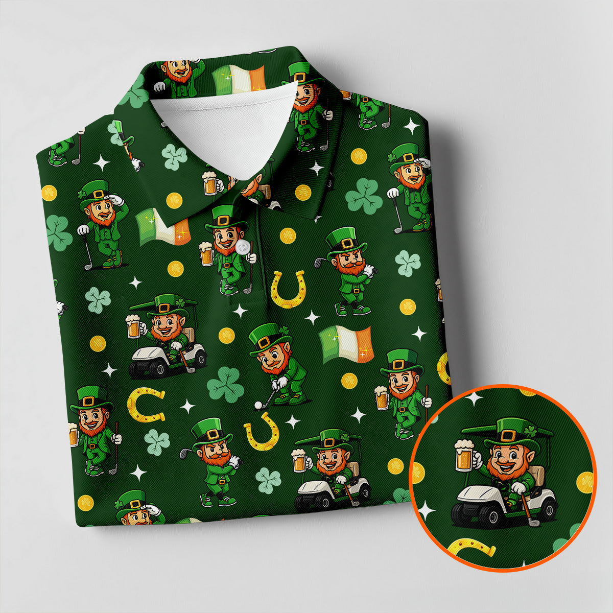 St Patrick's Day Leprechaun Golf Pose Irish Flags Shamrock Golf Shirt, Women's Golf Shirts, Ladies Golf Polos