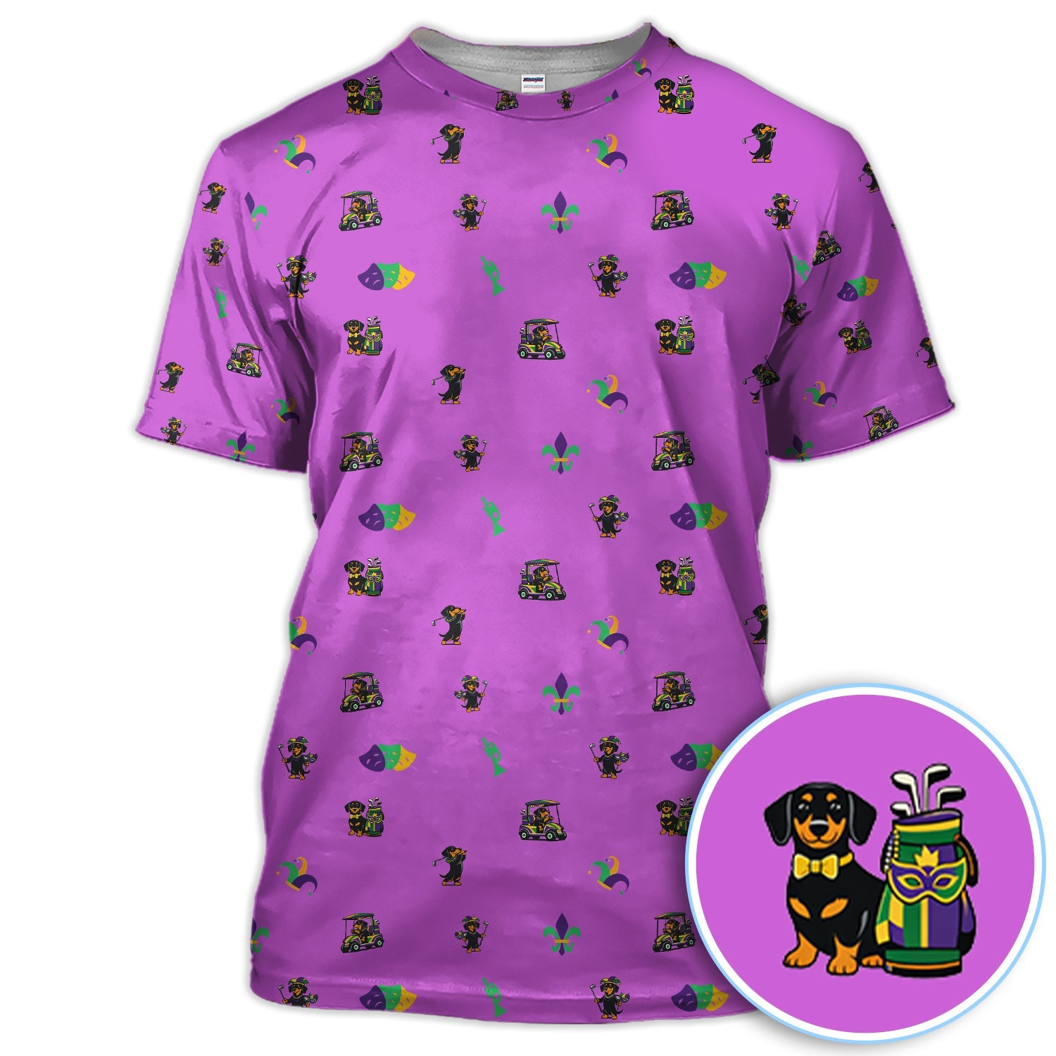 Mardi Gras Dachshund Golf Polos For Golfer, Funny Wiener Dog Pattern Golf Shirt, Golf Gift For Men