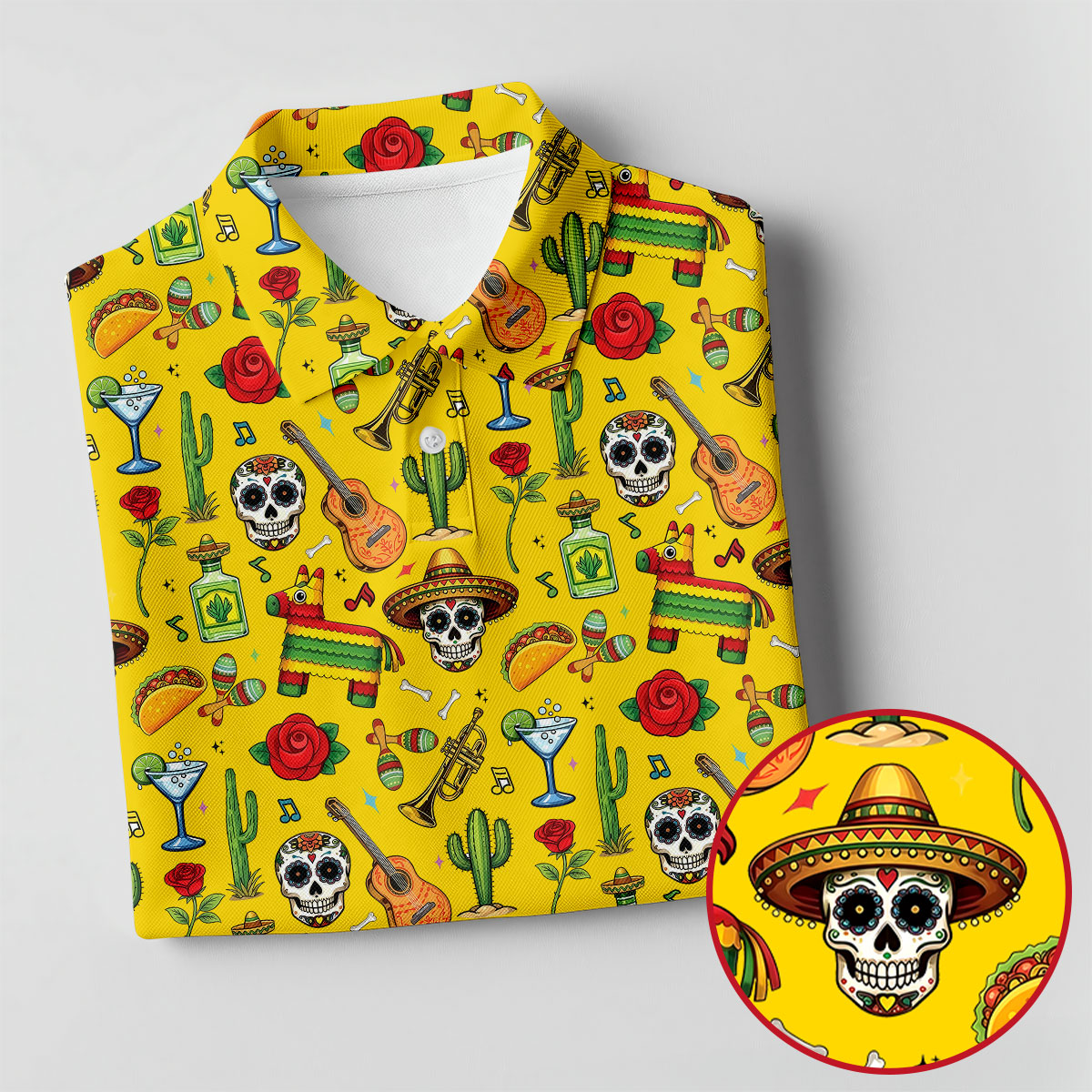 Decorated Skulls Party Items Cinco De Mayo Celebration Fiesta Themed Yellow Golf Shirts For Men