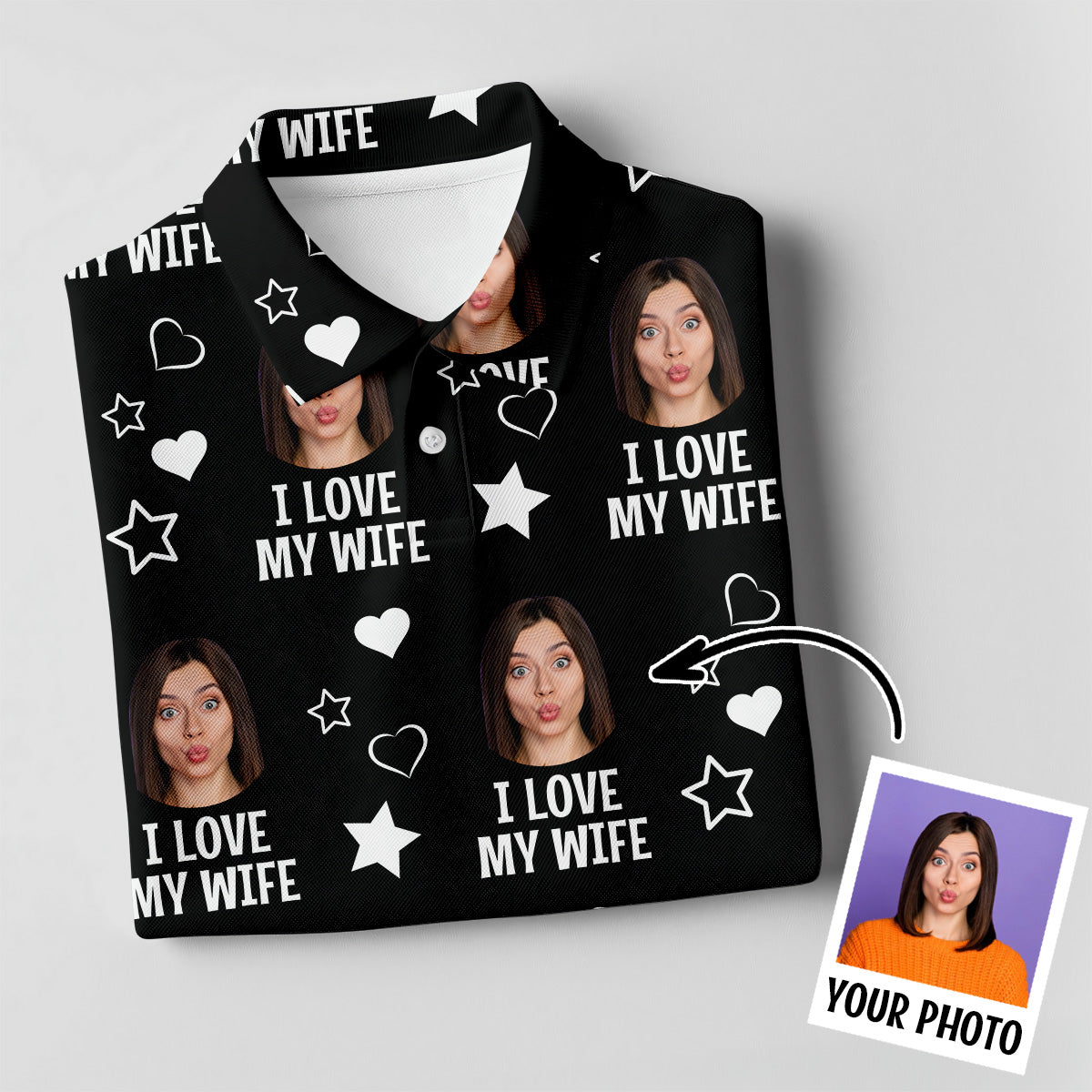 I Love My Husband Custom Face Black Golf Shirt, Fun Women's Golf Shirts, Valentines Golf Gift, Ladies Golf Shirts