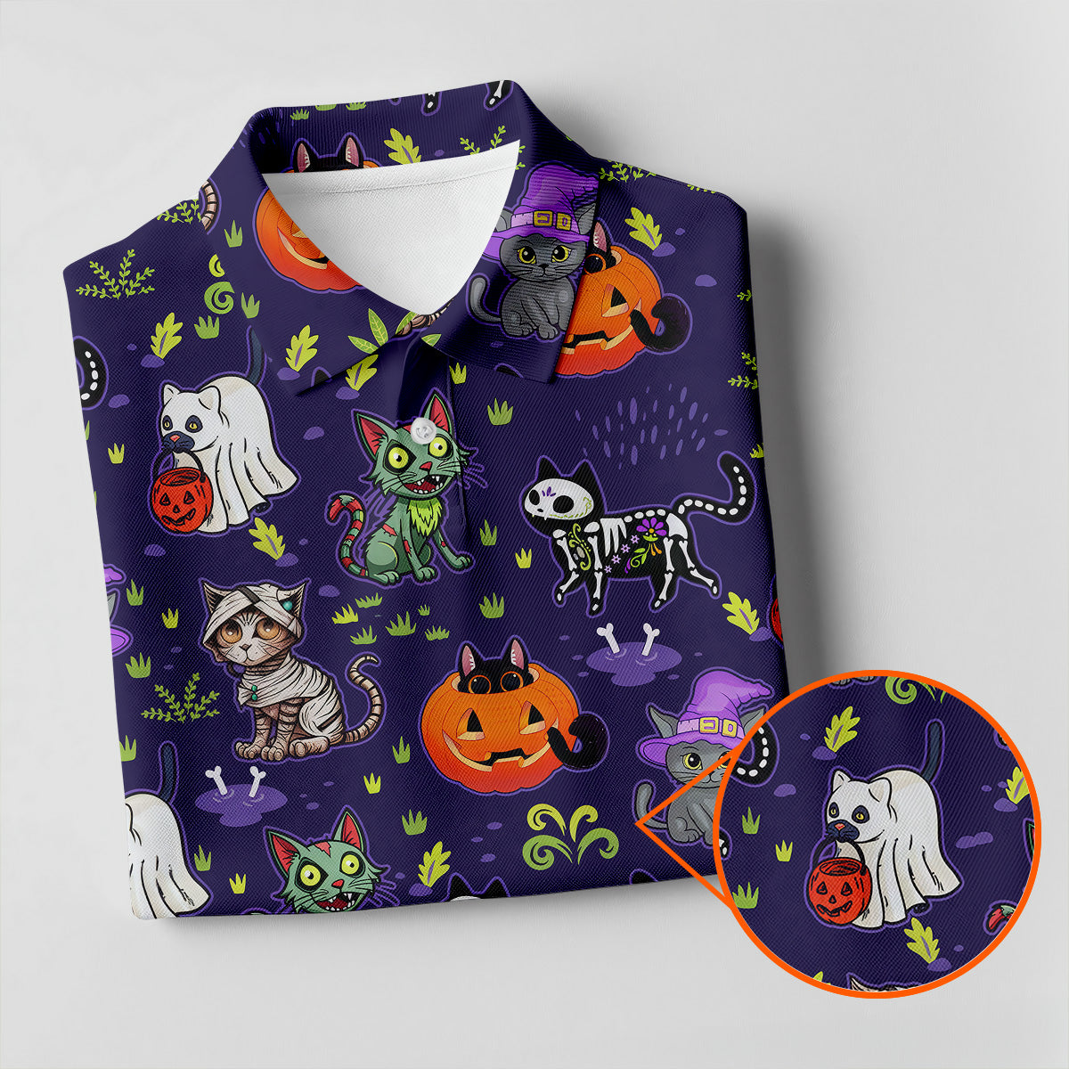 Purple Halloween Cats And Pumpkin Fun Women's Golf Shirts, Cute Golf Outfit, Ladies Golf Shirts