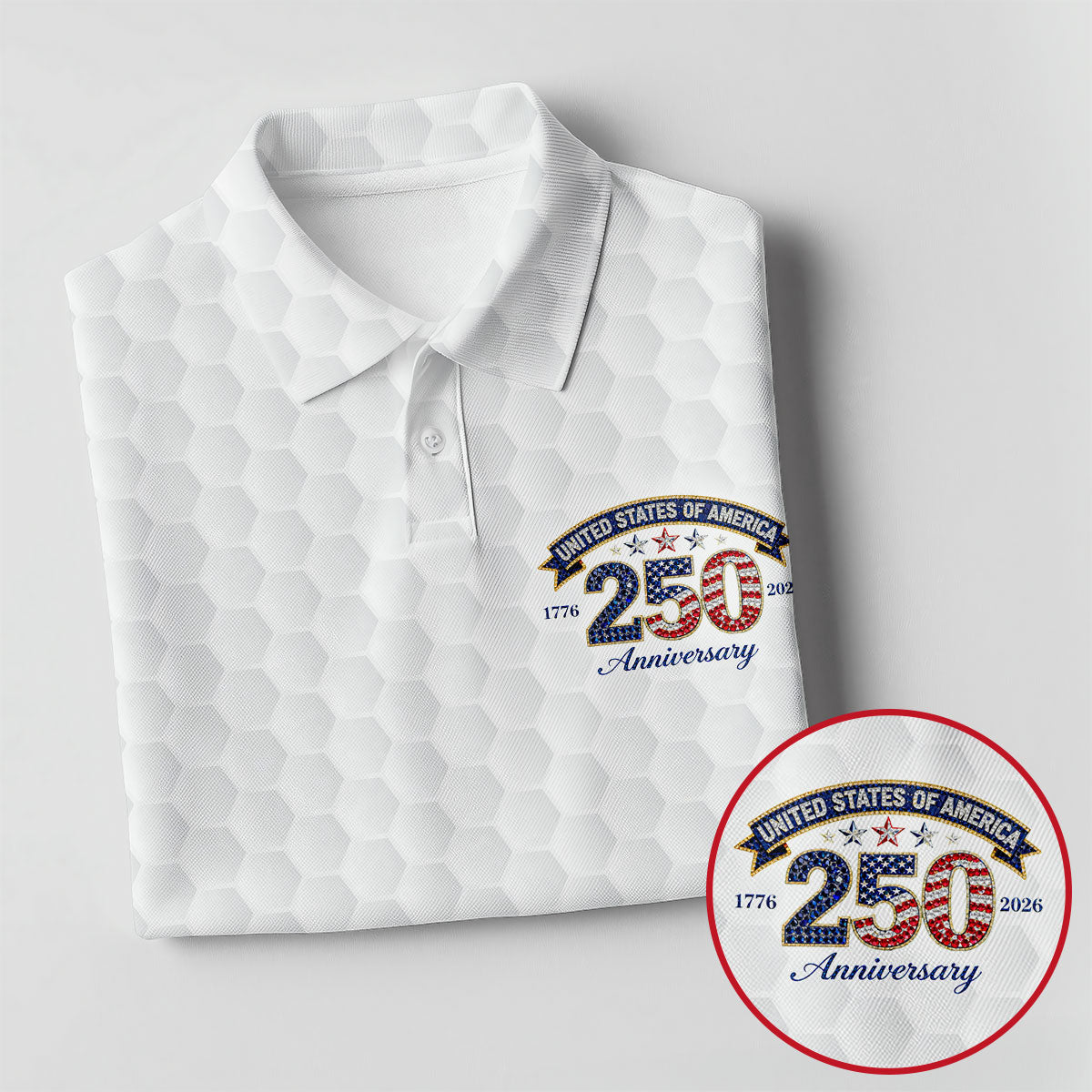250th Anniversary Golf Ball Pattern White Golf Shirt, Patriotic 4th Of July Golf Shirt, Golf Shirt For Women