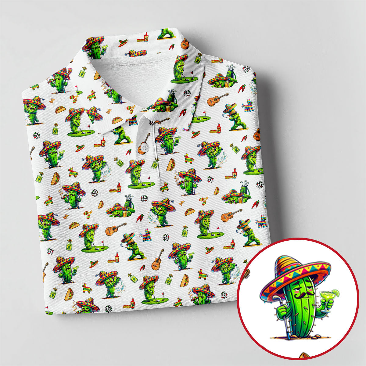 Cartoon Mustach Funny Cactus Cinco De Mayo Celebration Fiesta Themed White Golf Shirt For Women