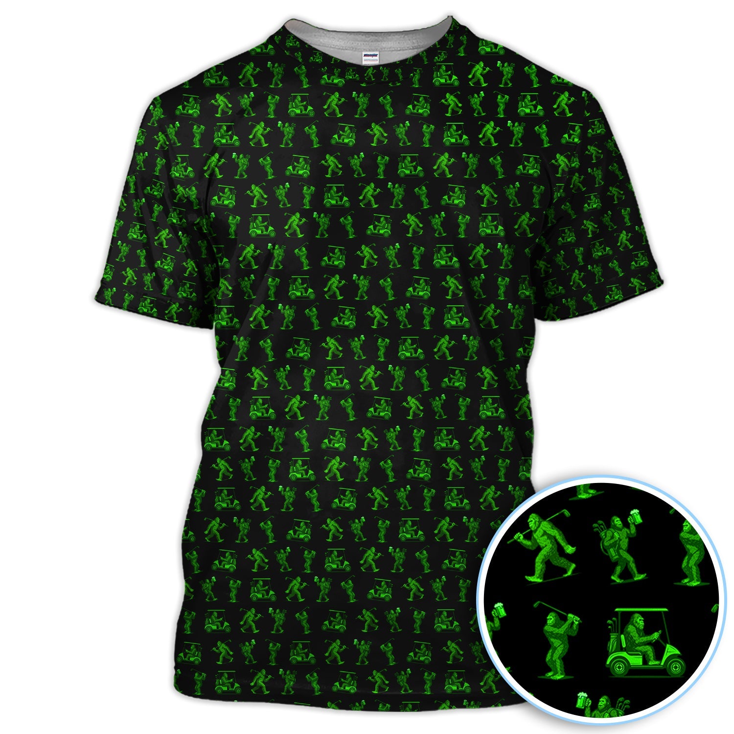 Bigfoot Golf Pattern Shirt, Funny Sasquatch Golf Polos For Men, Neon Green Golf Shirt For Golfer