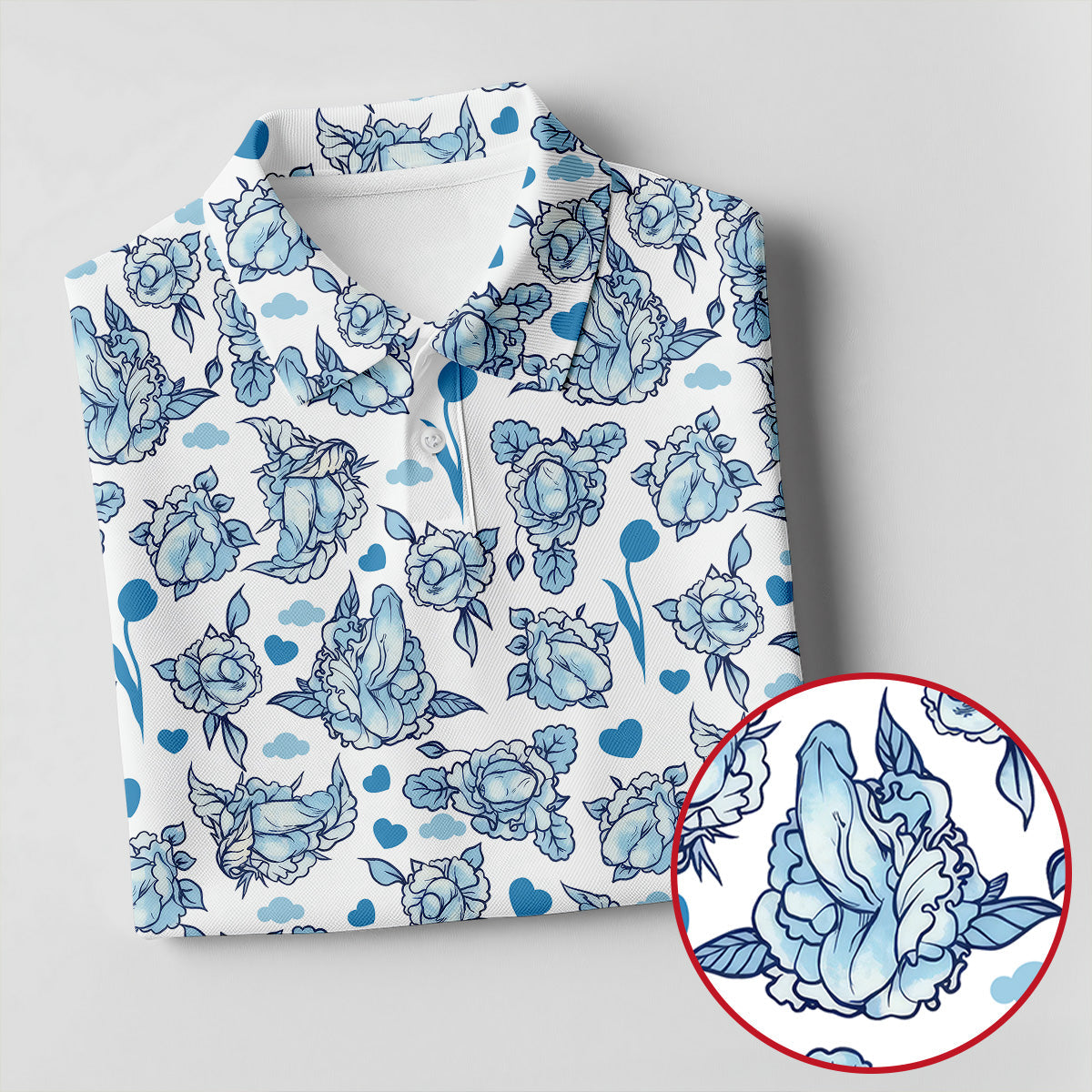 Blue Rose Floral Heart Pattern Golf Shirt, Polo Shirts For Men, Printed Golf Shirts