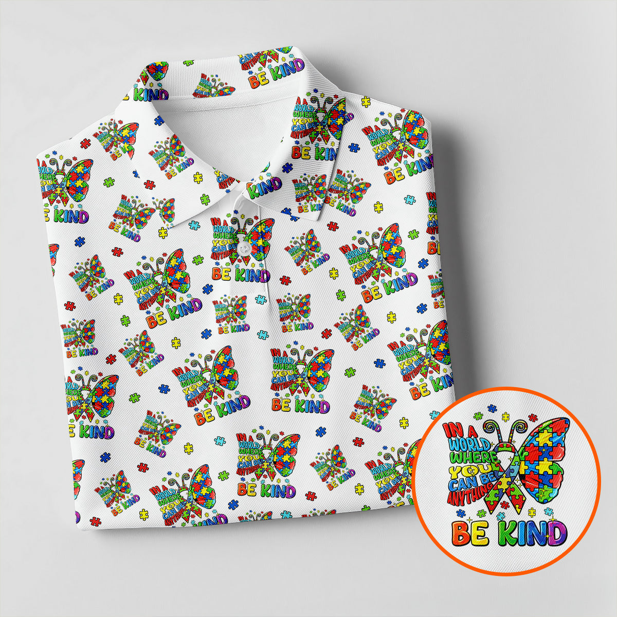 In A World Where You Can Be Anything Be Kind Rainbow Butterfly Autism Awareness White Golf Shirt, Women's Golf Tops