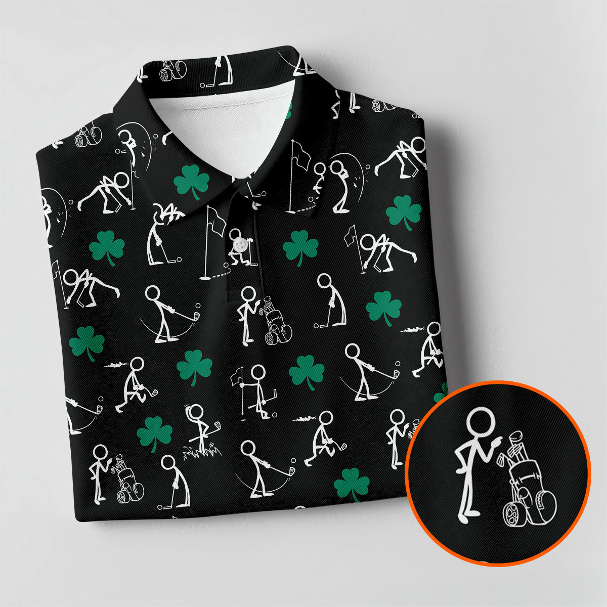 Stick Figure Golf Pose St Patrick's Day Shamrock Black Golf Shirt, Women's Golf Tops, Ladies Golf Polos