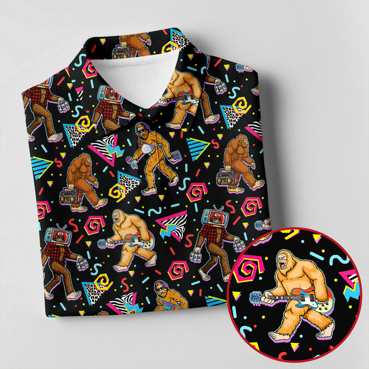 Retro Bigfoot Monkey Guitar Boombox Golf Shirt, Polo Shirts For Men, Mens Golf Apparel, Golf Polo Shirts For Men