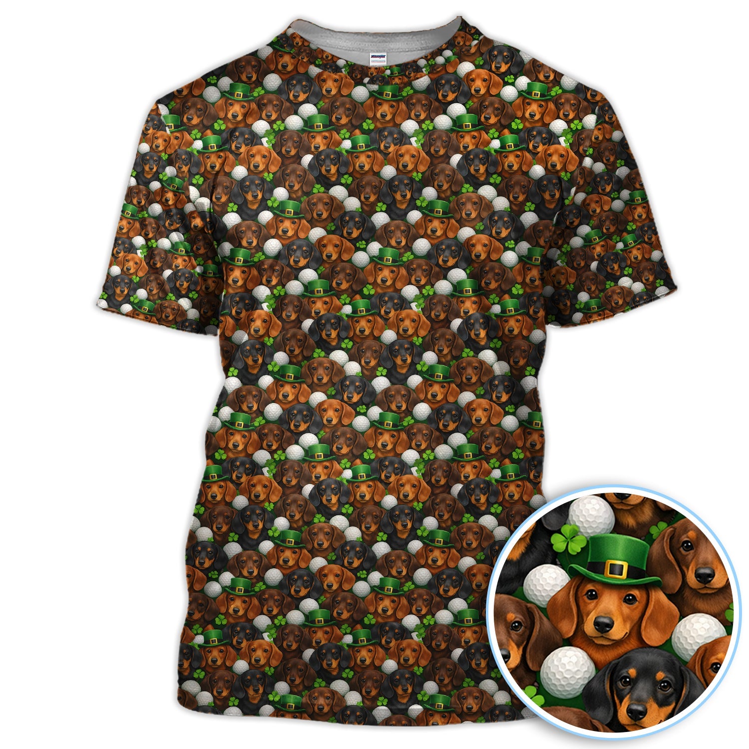 Dachshund St. Patrick’s Day Golf Polos, Wiener Dog Pattern Golf Shirt For Men, Funny Golf Gift For Golfer