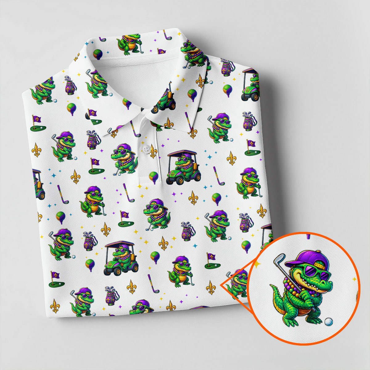 Funny Crocodile Mardi Gras Golf Shirts, White Golf Shirt, Festive Women Golf Top, Ladies Golf Shirts