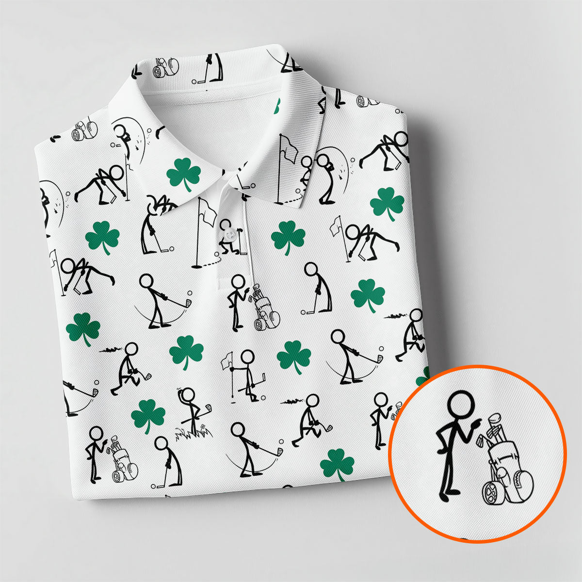 Stick Figure Golf Pose St Patrick's Day Shamrock White Golf Shirt, Women's Golf Tops, Ladies Golf Polos