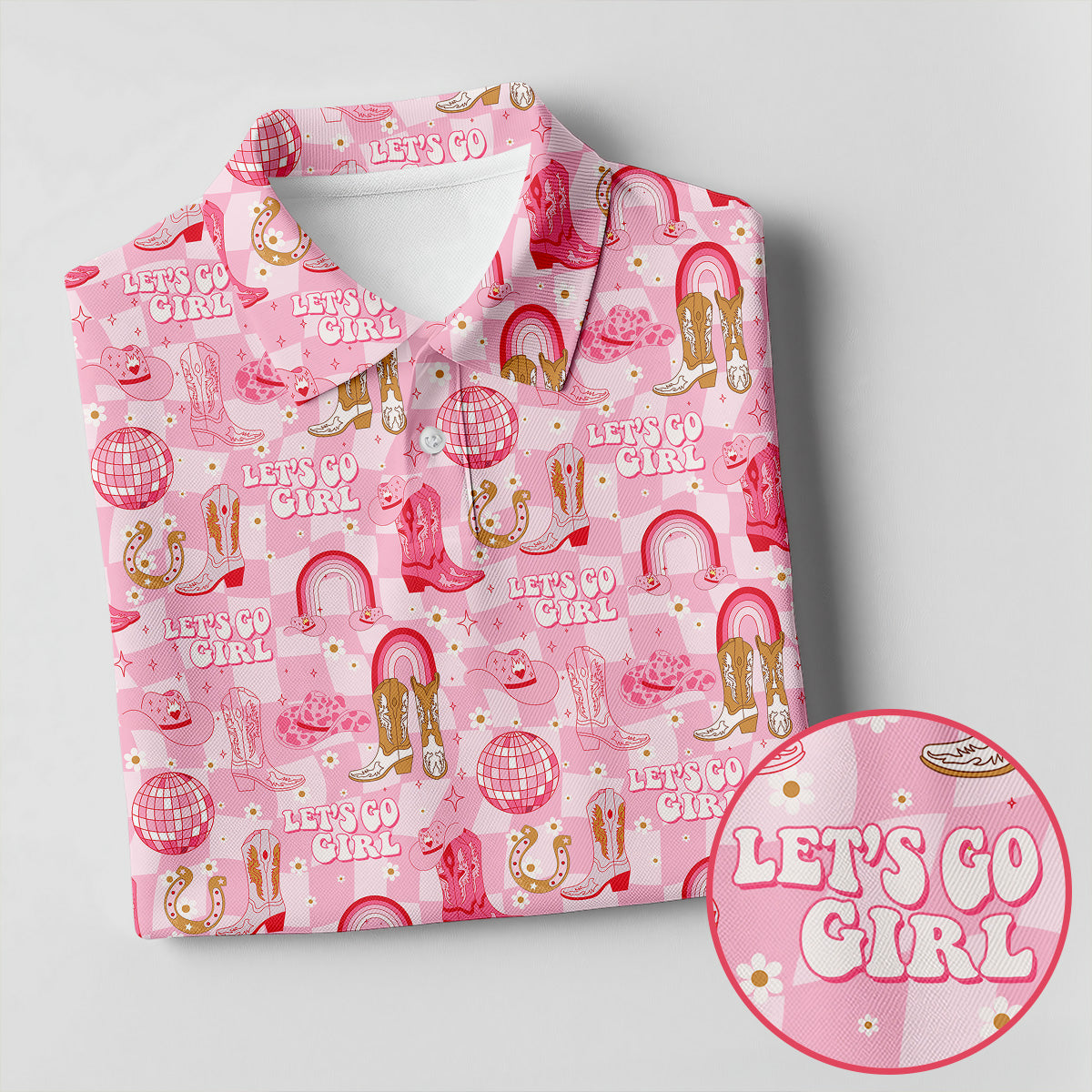 Let's Go Girl Pink Checkered Western Cowgirl Women's Golf Tops, Ladies Golf Polos, Golf Shirt For Women
