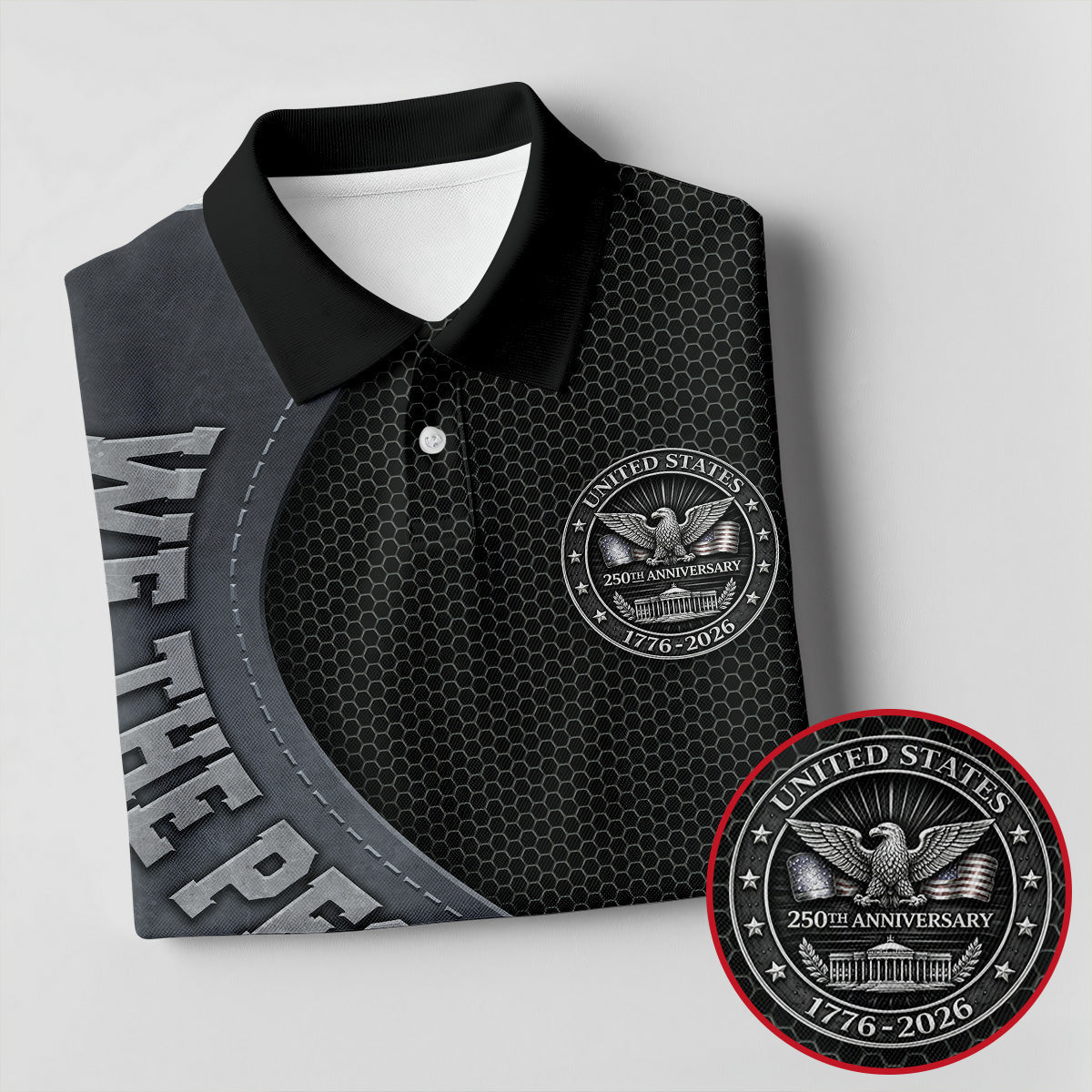 We The People US 250th Anniversary Hexagon Pattern Custom Golf Shirts, 4th Of July Patriotic Golf Shirt For Women