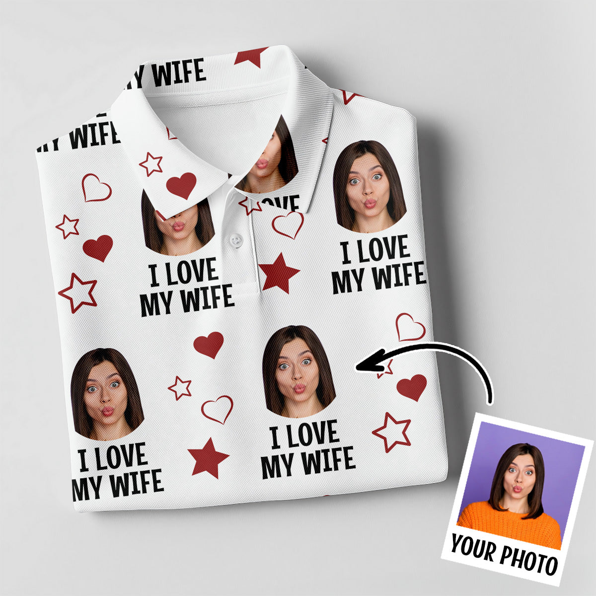 I Love My Husband Custom Face White Golf Shirt, Fun Women's Golf Shirts, Valentines Golf Gift, Ladies Golf Shirts