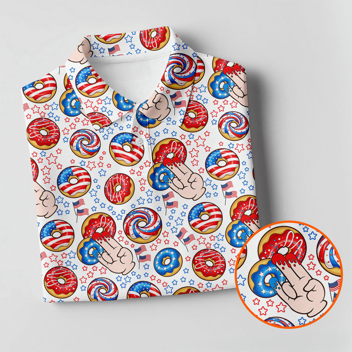 Donut Finger Funny Dirty American Flag Pattern White Women Golf Top, 250th Anniversary Patriotic Golf Shirt